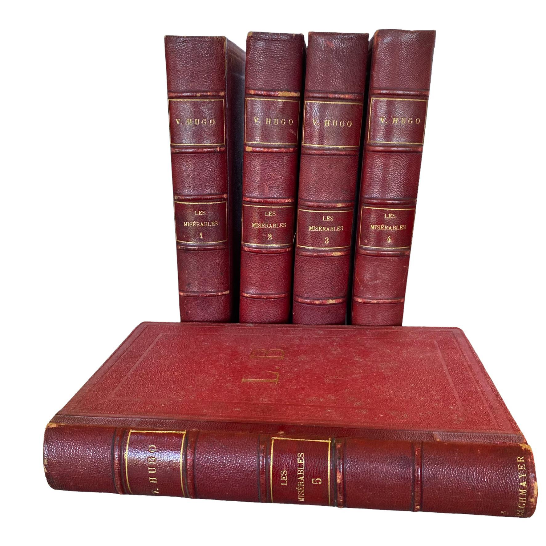 Victor Hugo Les Misérables auf Französisch - Ledergebundener antiker Titel 5 Bände für Damen oder Herren im Angebot