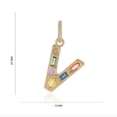V Initial Charm Rainbow Sapphire 14k Gold Alphabet Pendant Jewelry Unisex