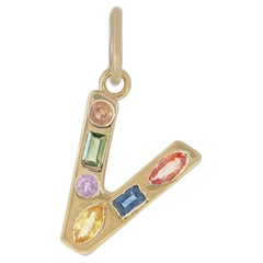 V Initial Charm Rainbow Sapphire 14k Gold Alphabet Pendant Jewelry Unisex