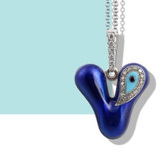 V V Initial Weißgold Talisman, personalisierter Diamant-Charm Evil Eye ID Halskette
