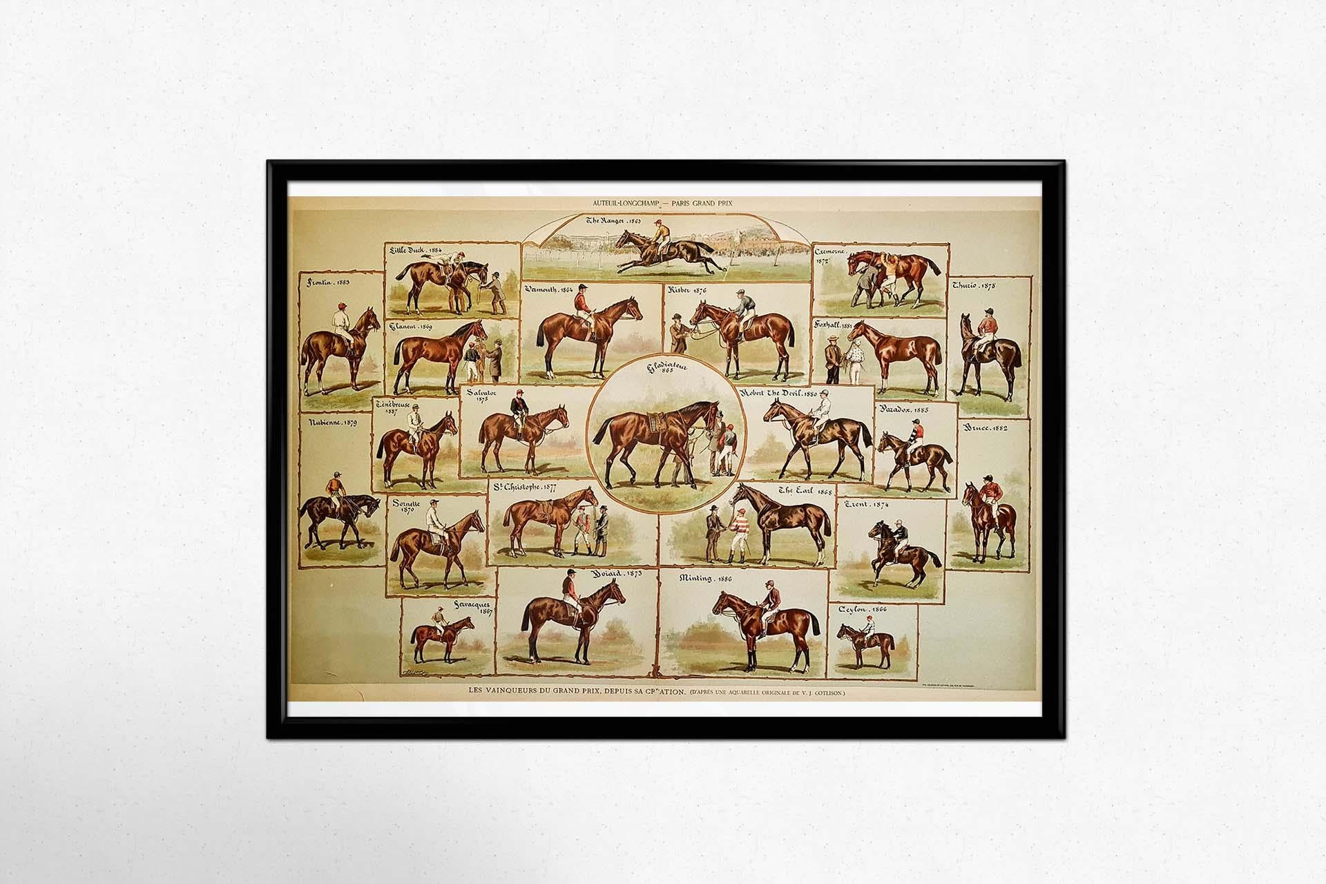 Affiche originale d'Auteuil Longchamp représentant les lauréats du Grand Prix, course de chevaux, circa 1890 en vente 2