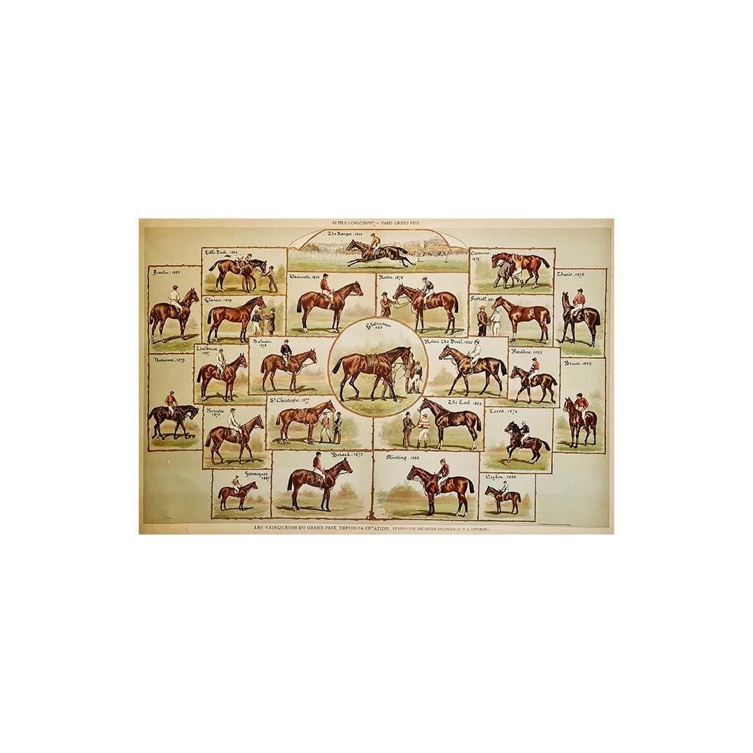 Affiche originale d'Auteuil Longchamp représentant les lauréats du Grand Prix, course de chevaux, circa 1890