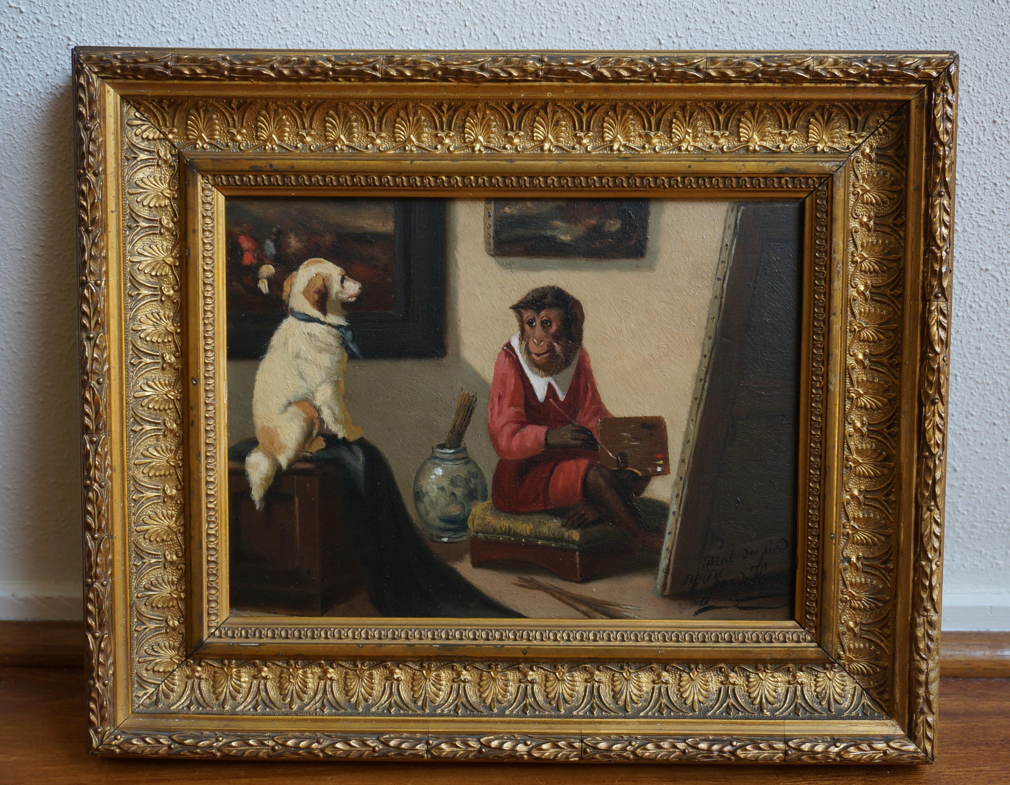  Singerie, Monkey painting a dog, ca. 1900, oil painting, painted with foot 7