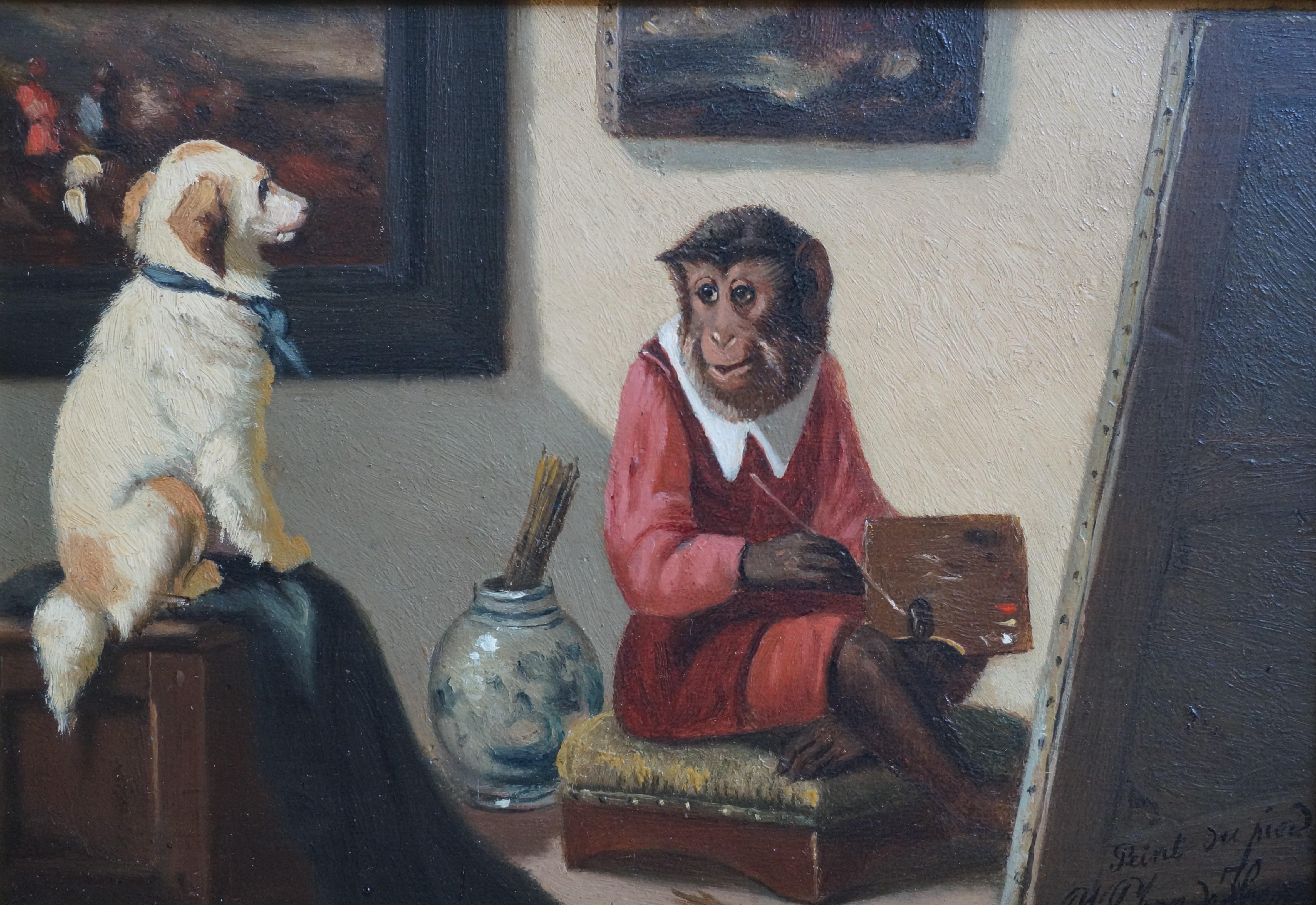  Singerie, Monkey painting a dog, ca. 1900, oil painting, painted with foot - Painting by V. J. de Henau