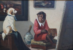 Singerie, Monkey painting a dog, ca. 1900, oil painting, painted with foot