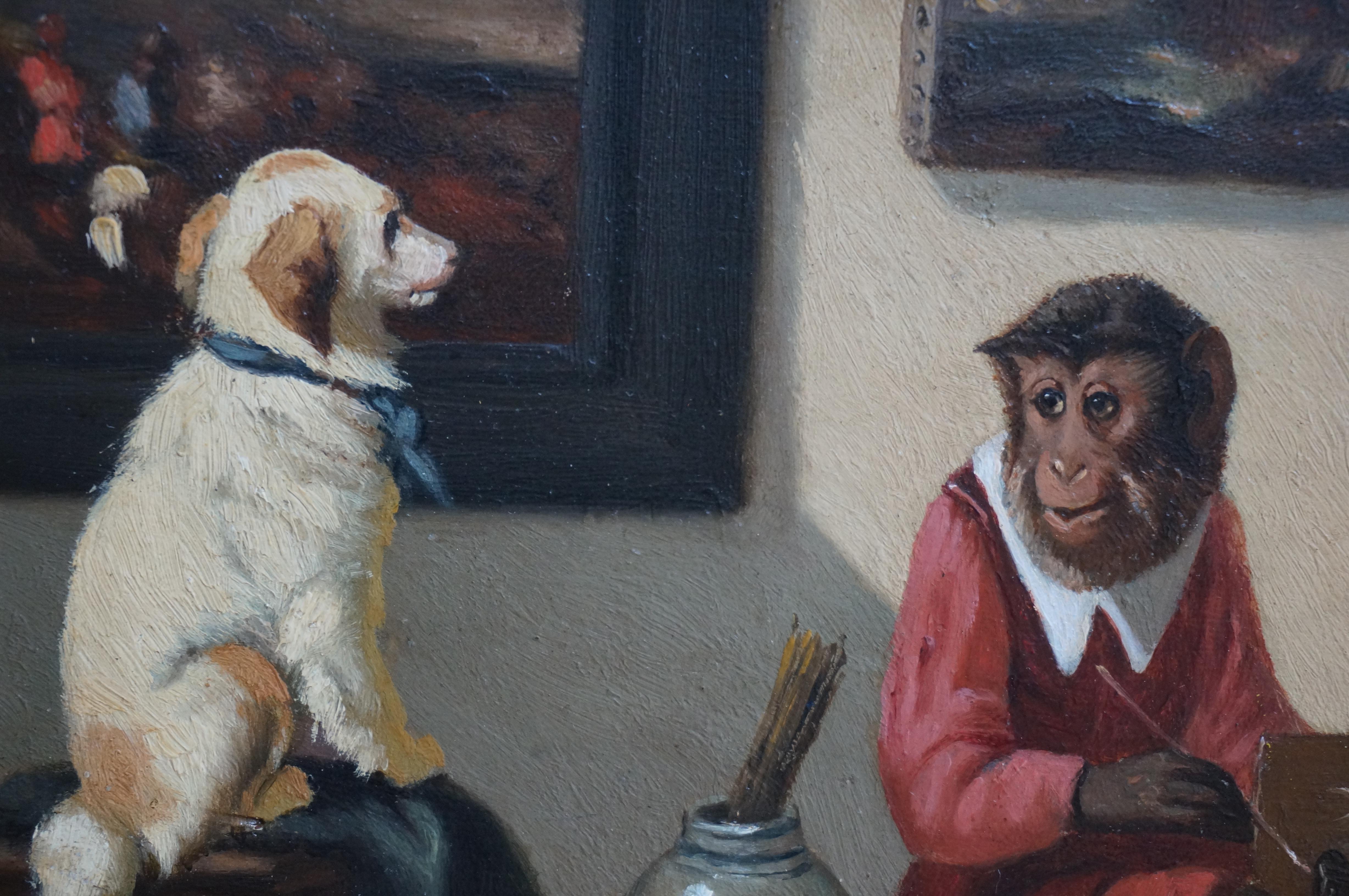  Singerie, Monkey painting a dog, ca. 1900, oil painting, painted with foot 2