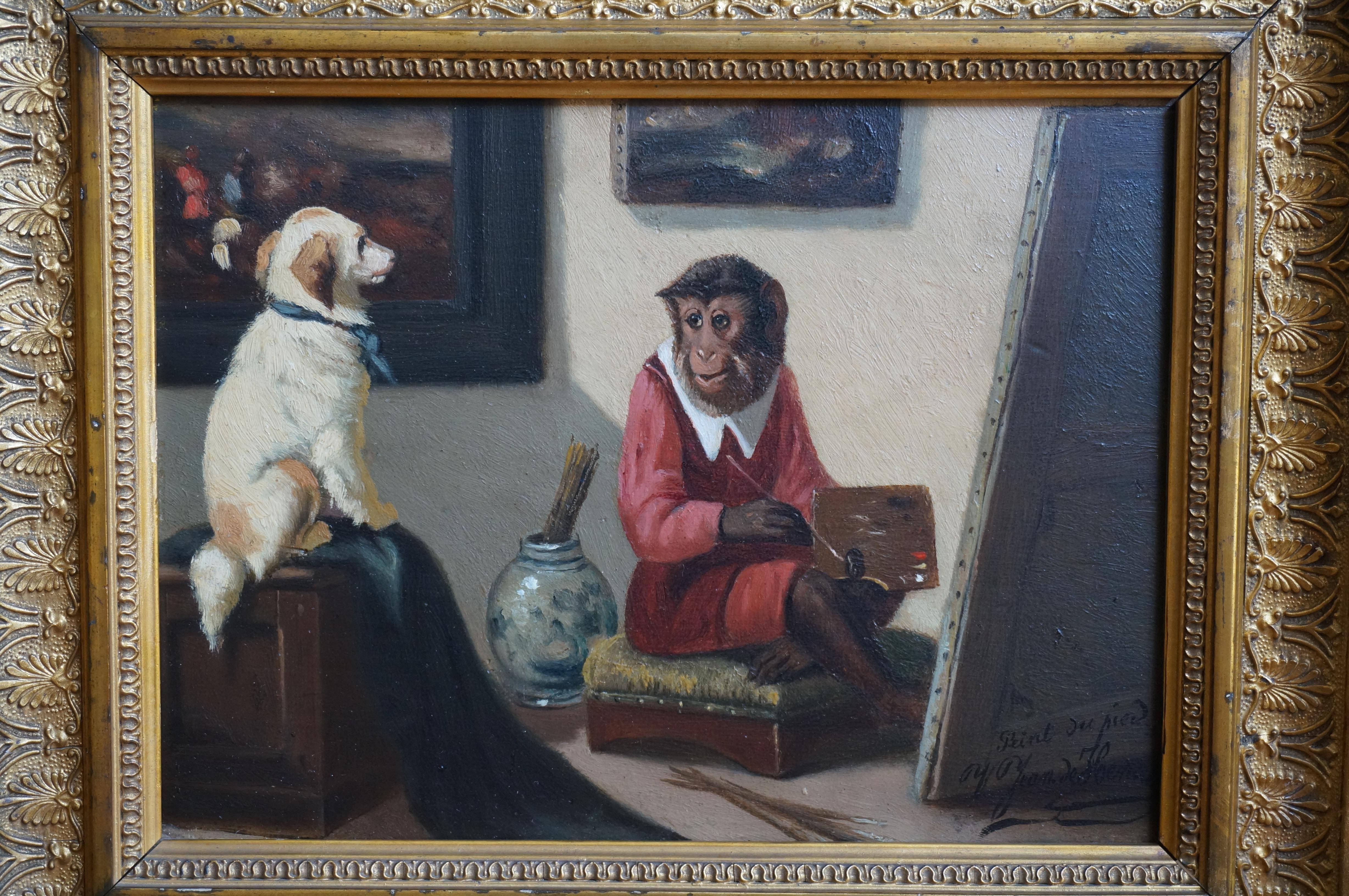  Singerie, Monkey painting a dog, ca. 1900, oil painting, painted with foot 3