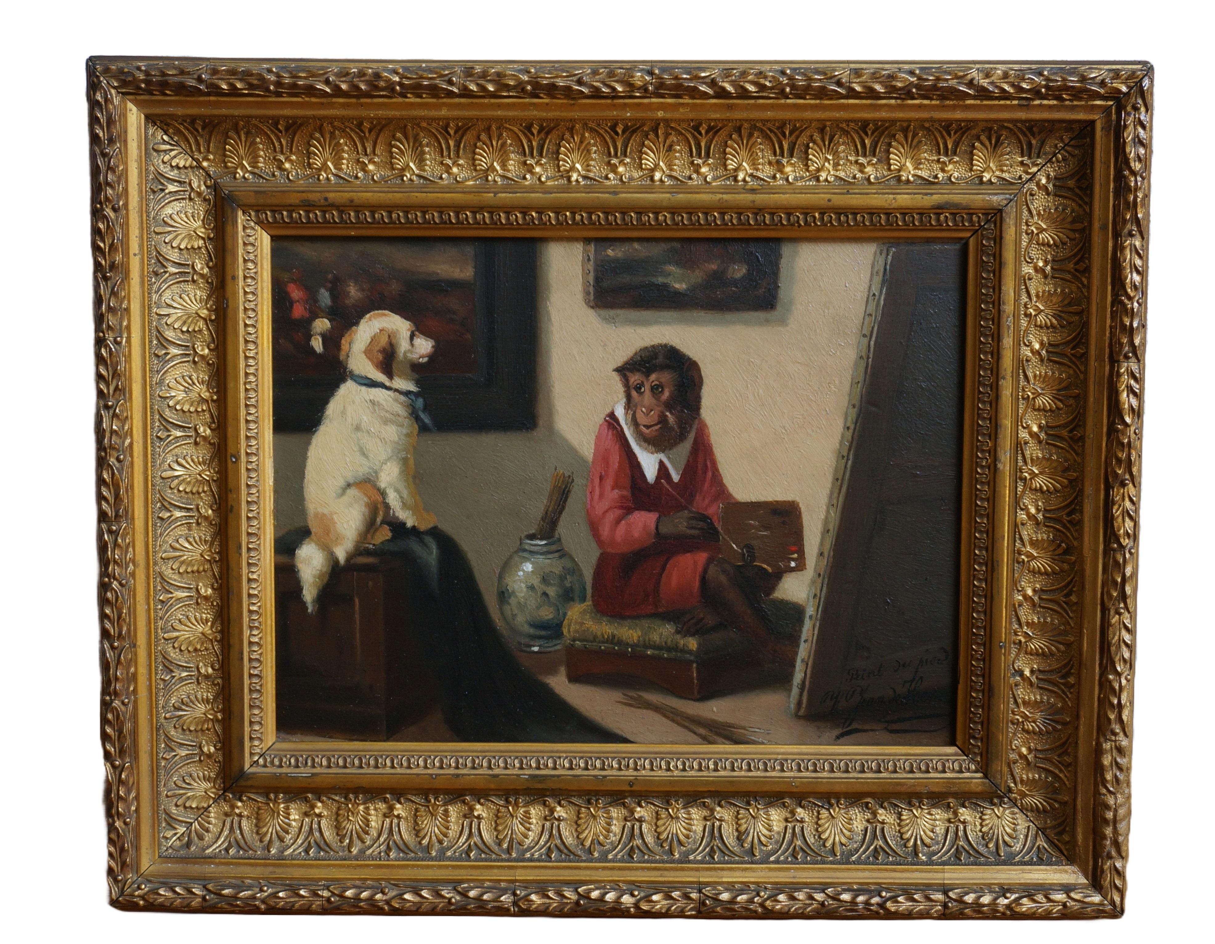 V. J. de Henau Interior Painting -  Singerie, Monkey painting a dog, ca. 1900, oil painting, painted with foot