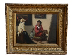  Singerie, Monkey painting a dog, ca. 1900, oil painting, painted with foot