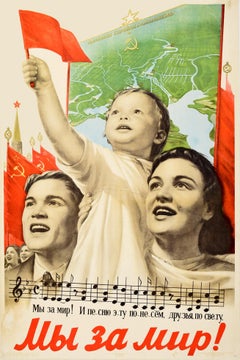 Poster originale d'epoca Siamo per la pace Propaganda sovietica Bandiere Mappa Musica Canzone