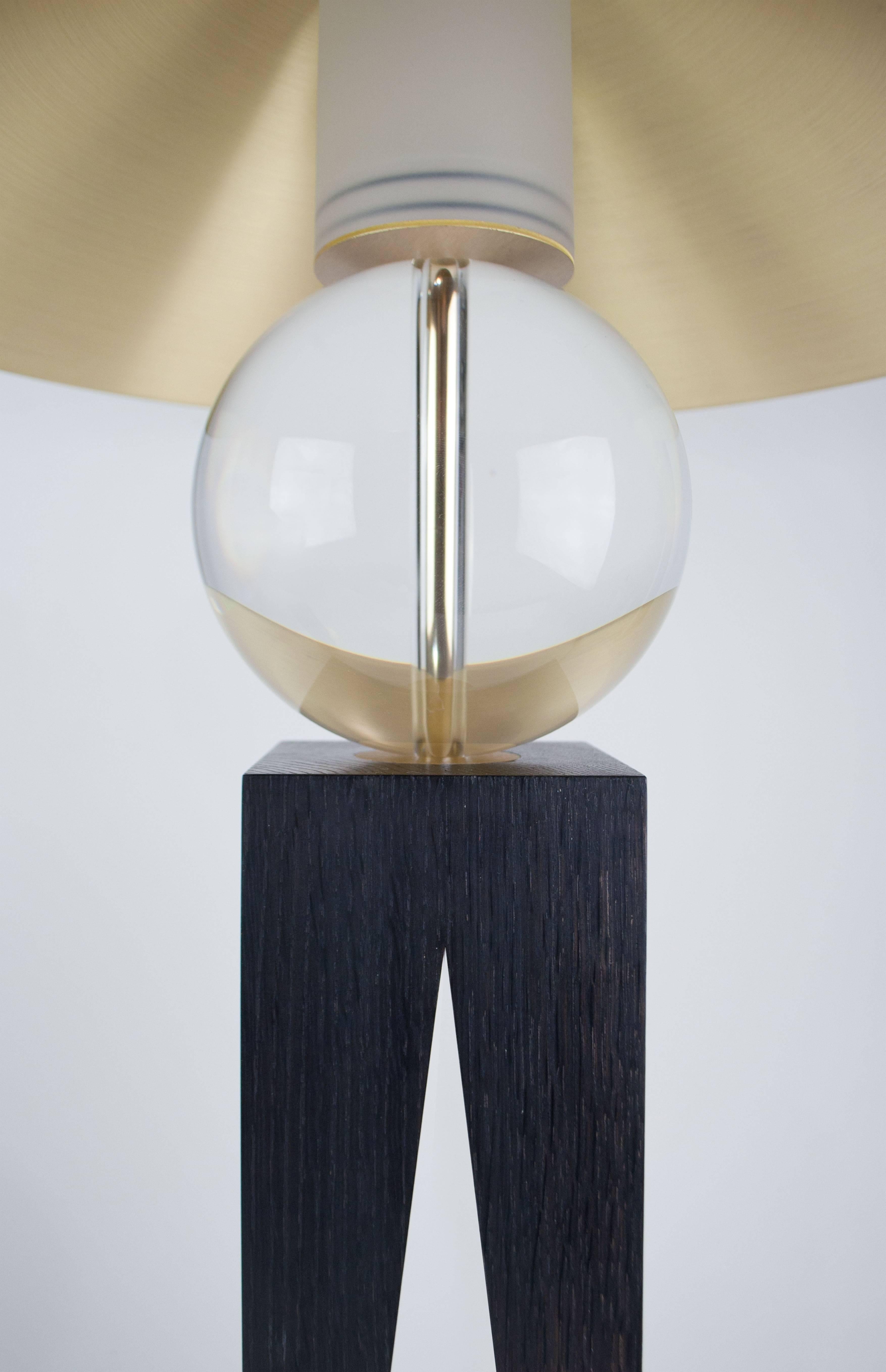 British Contemporary V Lamp Extra Large, Geometric Oak Base, Glass Sphere and Brass For Sale