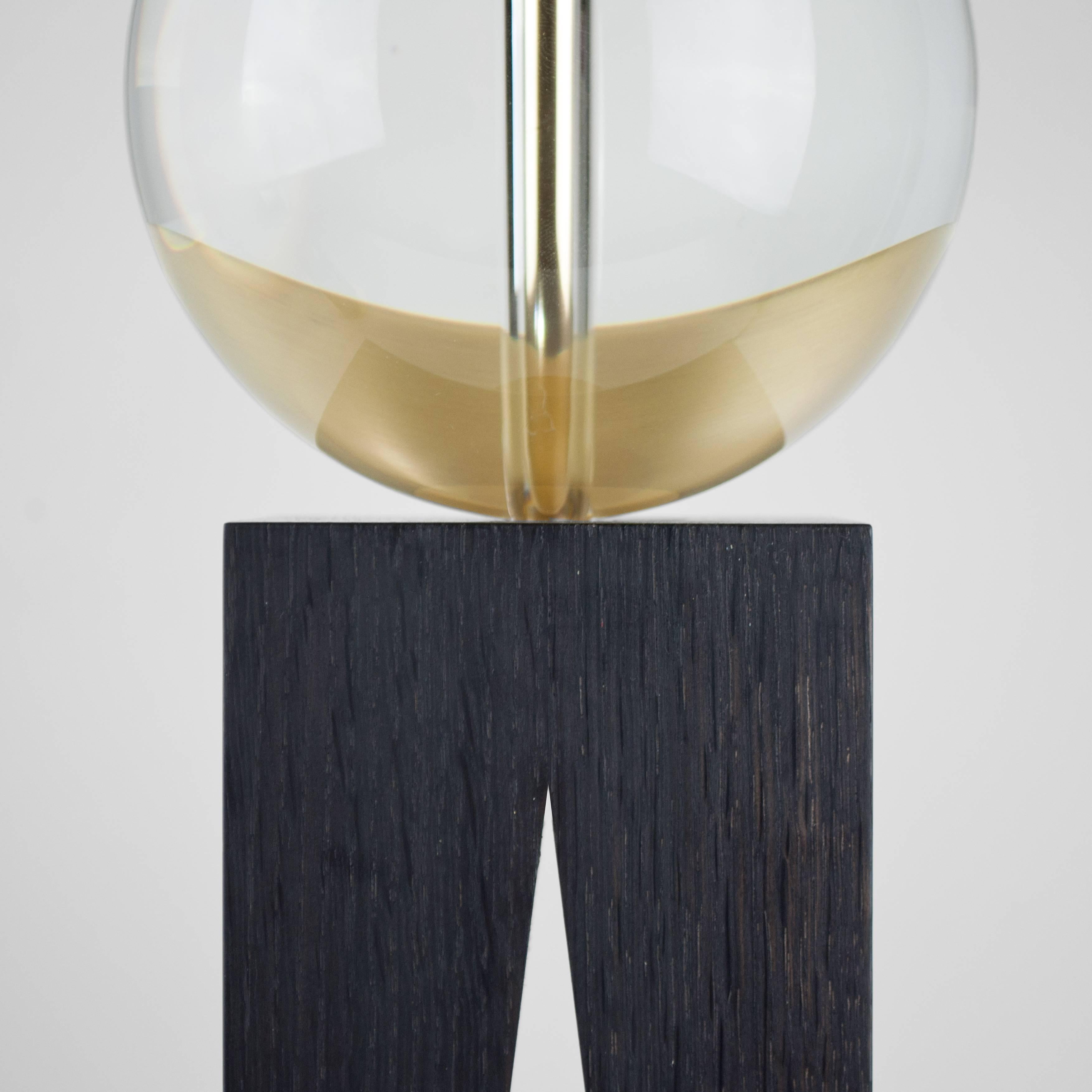 Brushed Contemporary V Lamp Extra Large, Geometric Oak Base, Glass Sphere and Brass For Sale