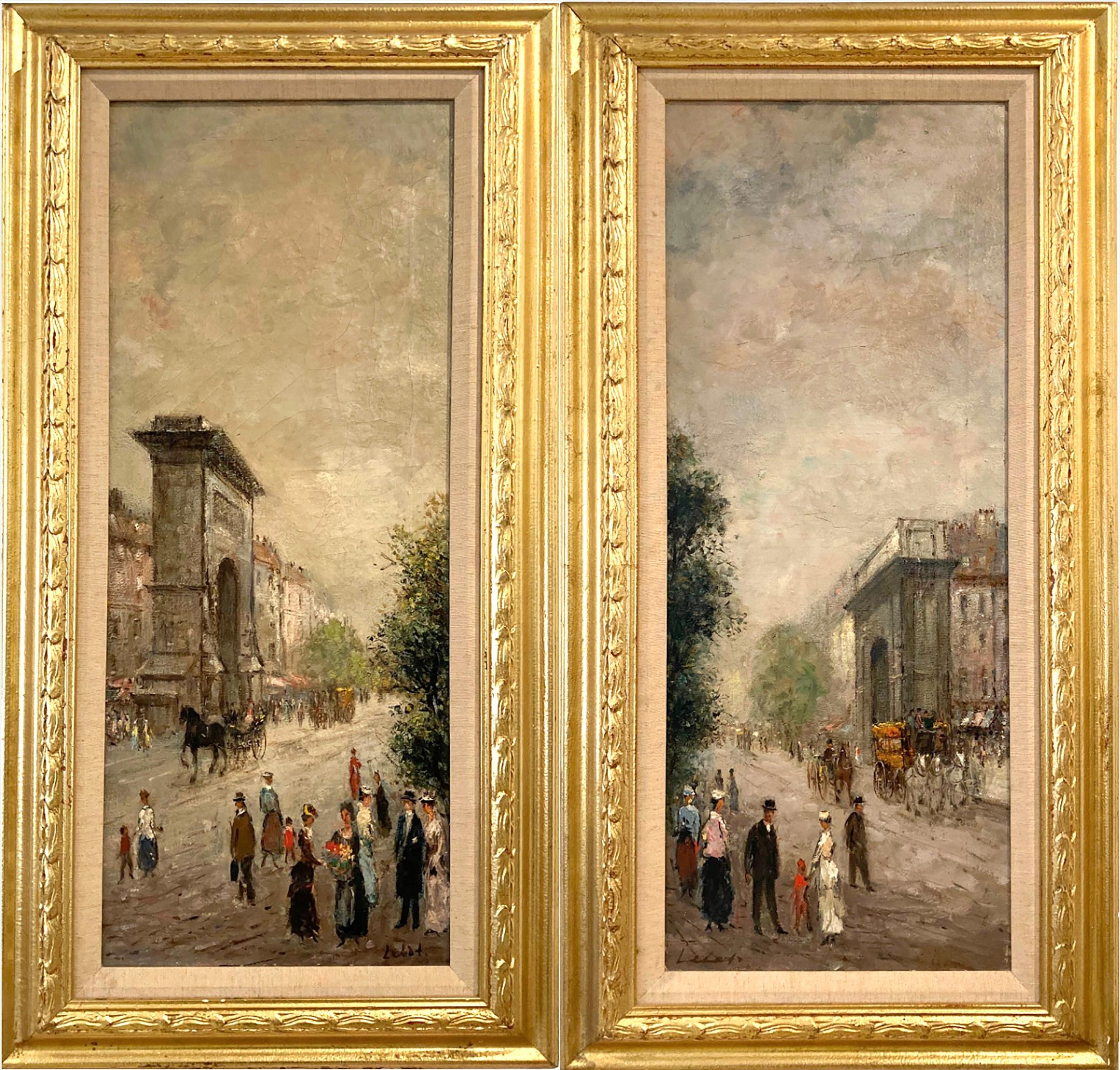 V. Lebot Figurative Painting - "Arc de Triomphe" French Impressionist Pair of Oil Paintings on Canvas Framed