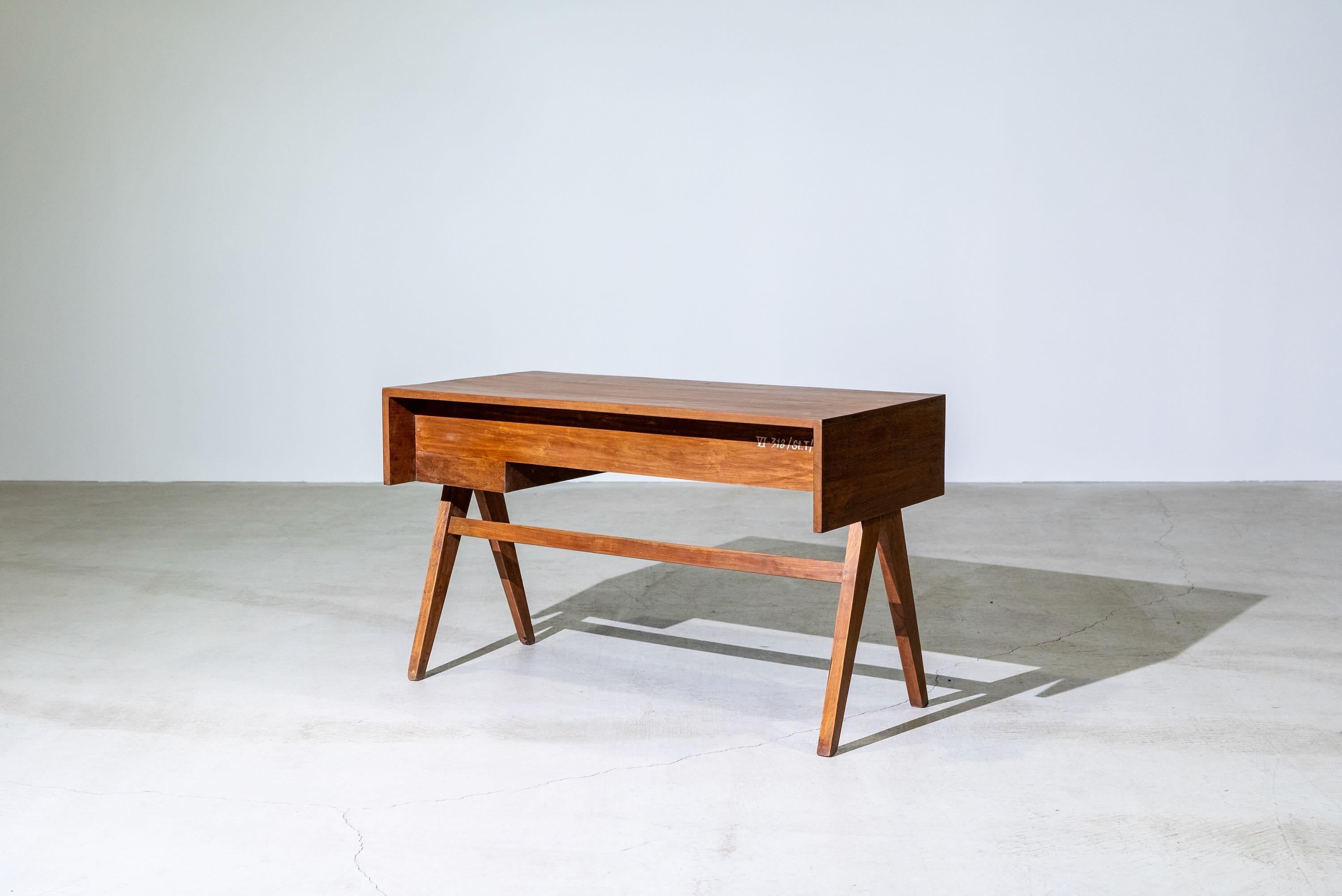 Indian V-leg Desk With hole by Pierre Jeanneret for Chandigarh, India, Circa 1960 For Sale