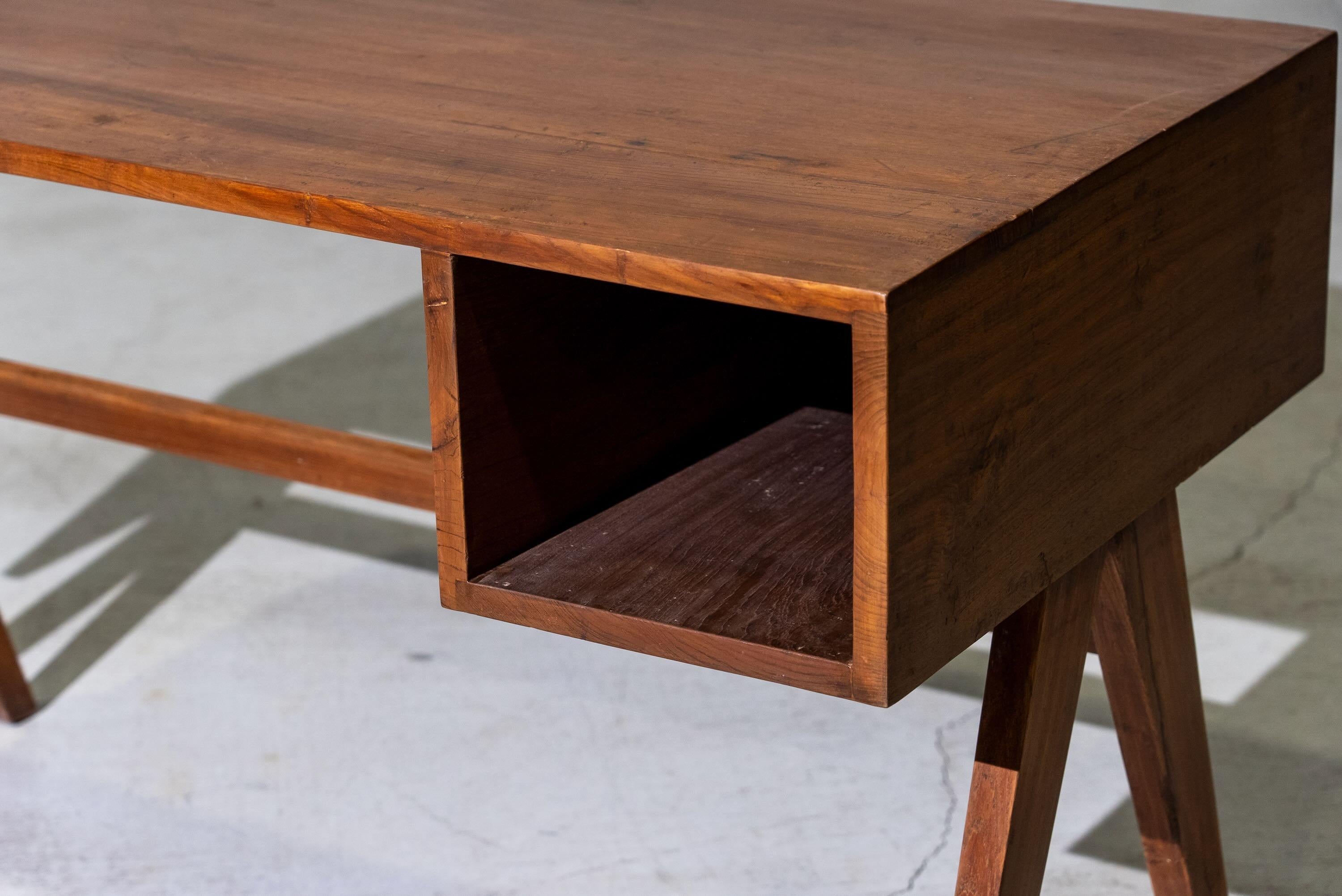 Teak V-leg Desk With hole by Pierre Jeanneret for Chandigarh, India, Circa 1960 For Sale