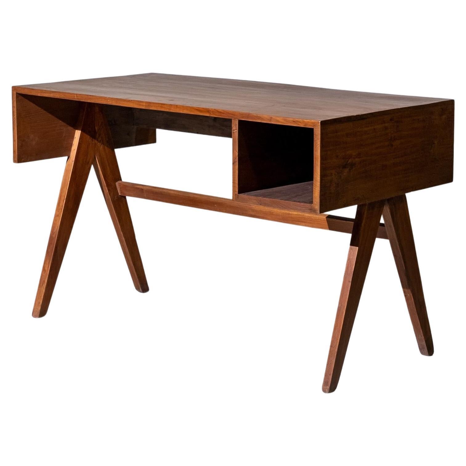 V-leg Desk With hole by Pierre Jeanneret for Chandigarh, India, Circa 1960