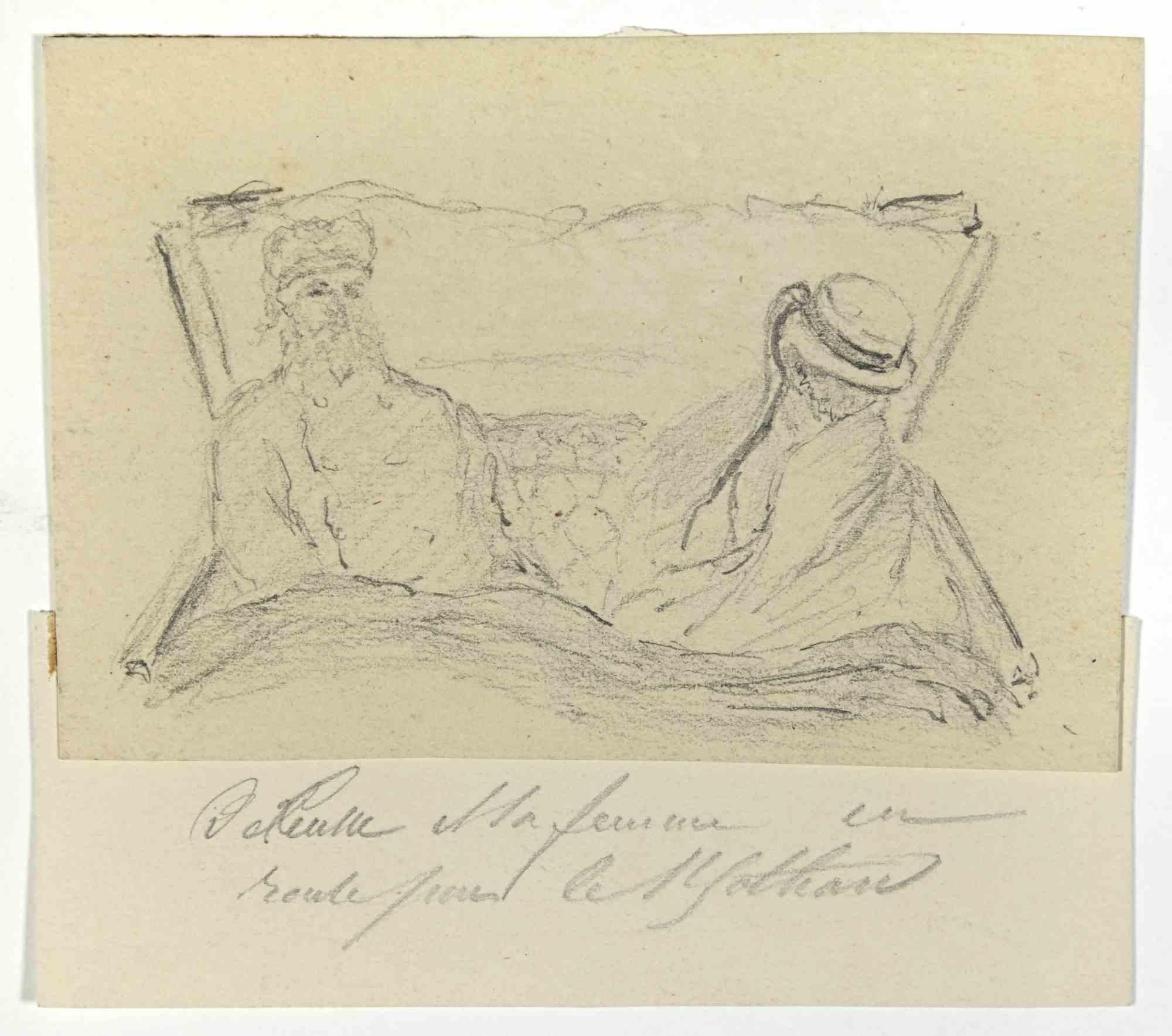 V. N. Vaucher Figurative Print - The Couple in Bed - Drawing - 20th century