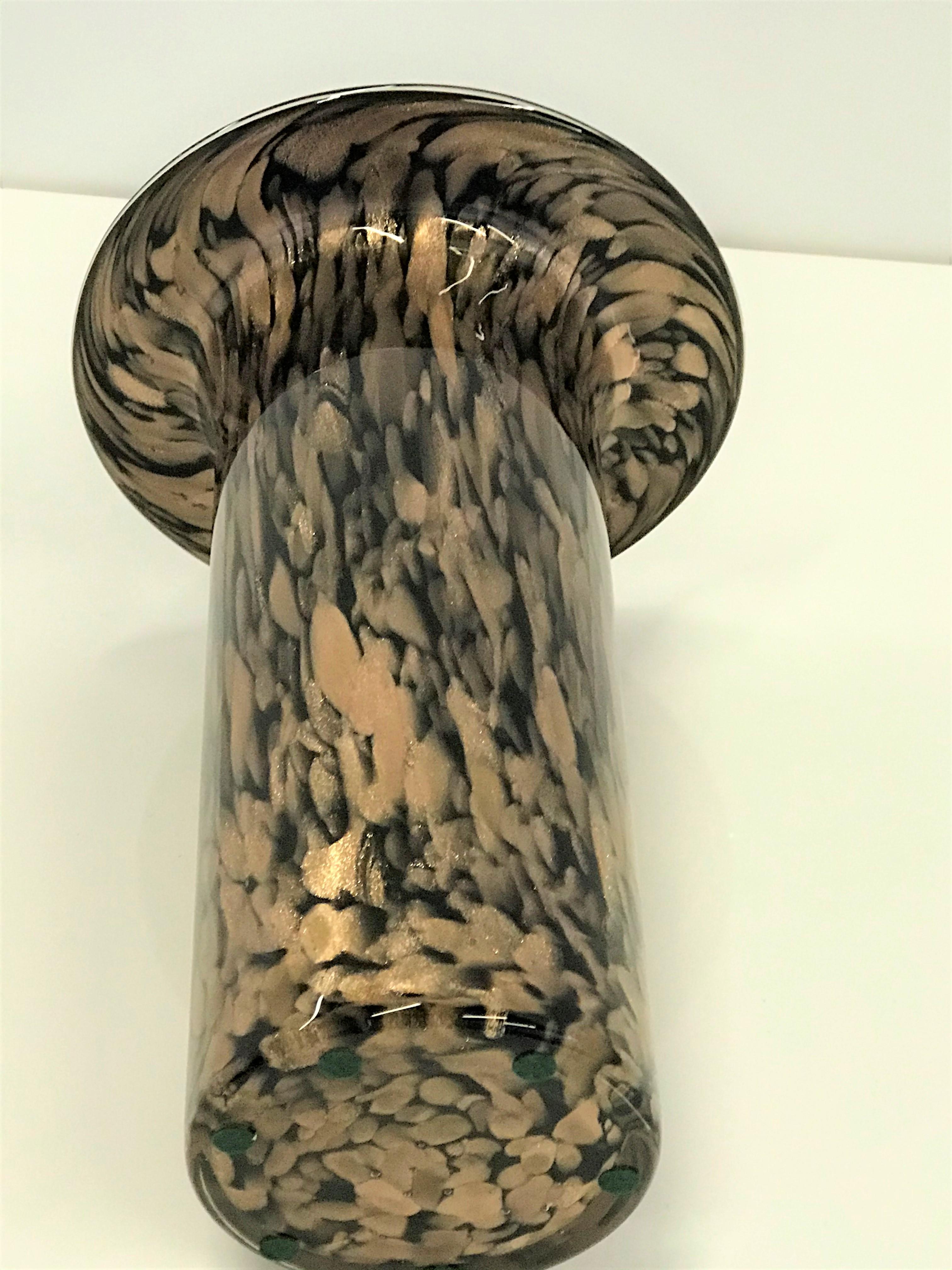 Italian V. Nason Attributed Modern Aventurine Black Murano Glass Cylindrical Vase, 1970s For Sale