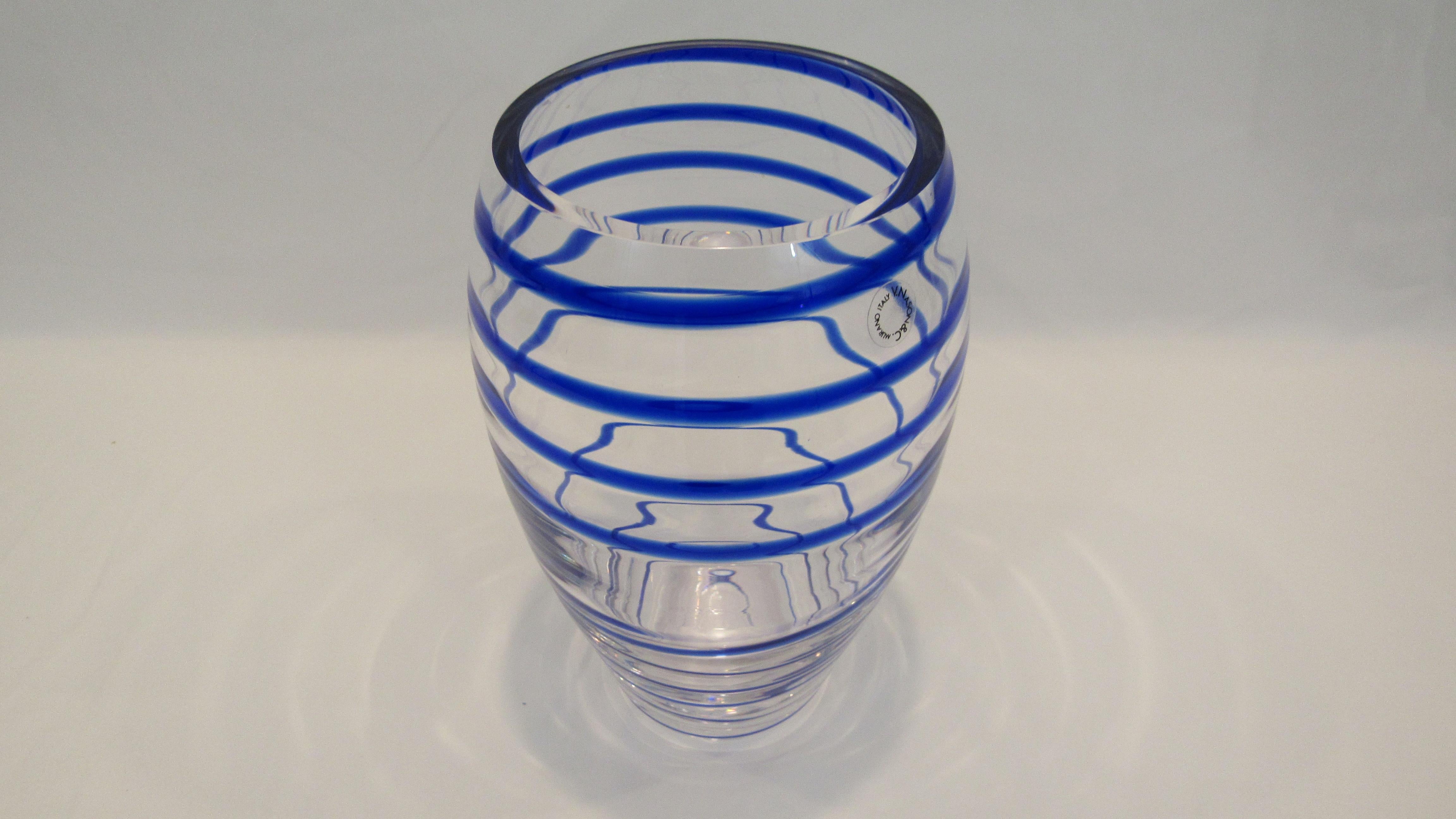 V. Nason & C. Italian Murano Glass Vase with Blue Spiral Stripe In Good Condition For Sale In Miami, FL