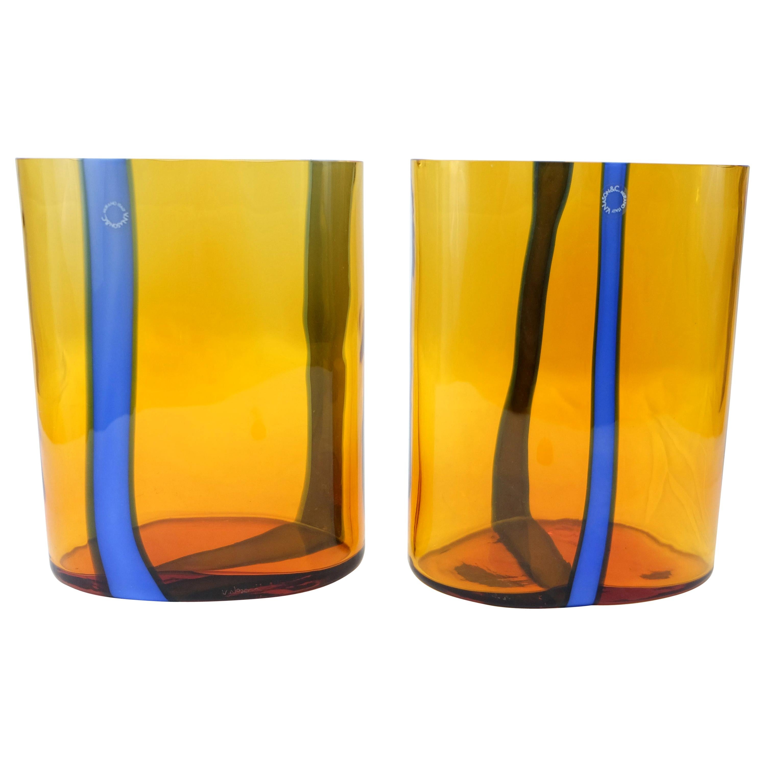 V. Nason & C., Italy Amber and Blue Murano Glass Vase Set For Sale