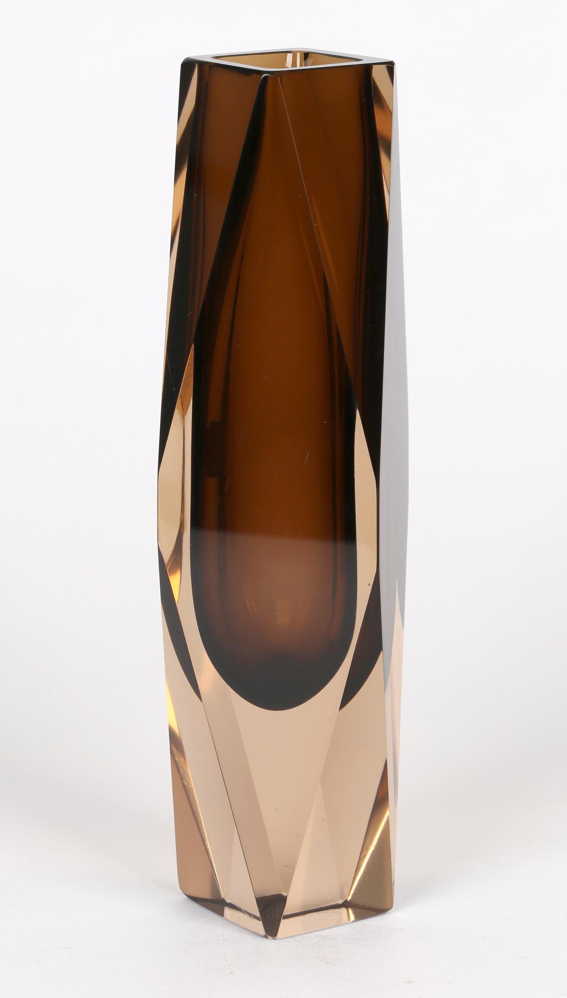 Italian V Nason & C Murano Cinnamon Sommerso Faceted Art Glass Vase