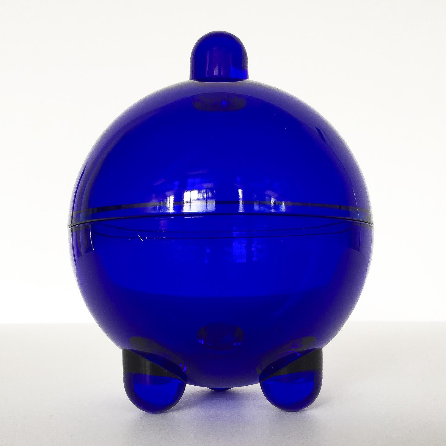 Modernist cobalt blue glass covered candy dish / lidded bowl by V. Nason, Italy, circa 1980s. Spherical in form with tripod footed base and singular nipple handle. Reminiscent of designs by Ettore Sottsass and the Postmodernism era. Signature