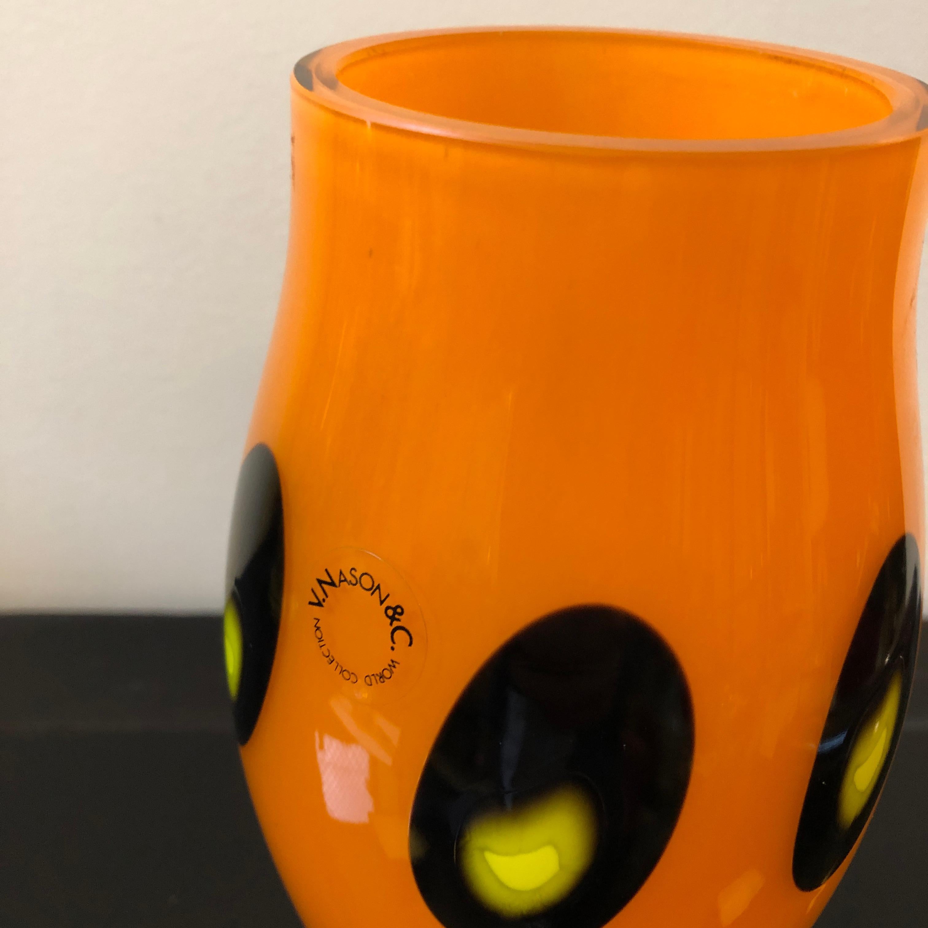A orange black and yellow round vase by V. Nason & Co. made in Italy in the 1970s, perfect conditions, probably never used. Labeled and signed on the base.
