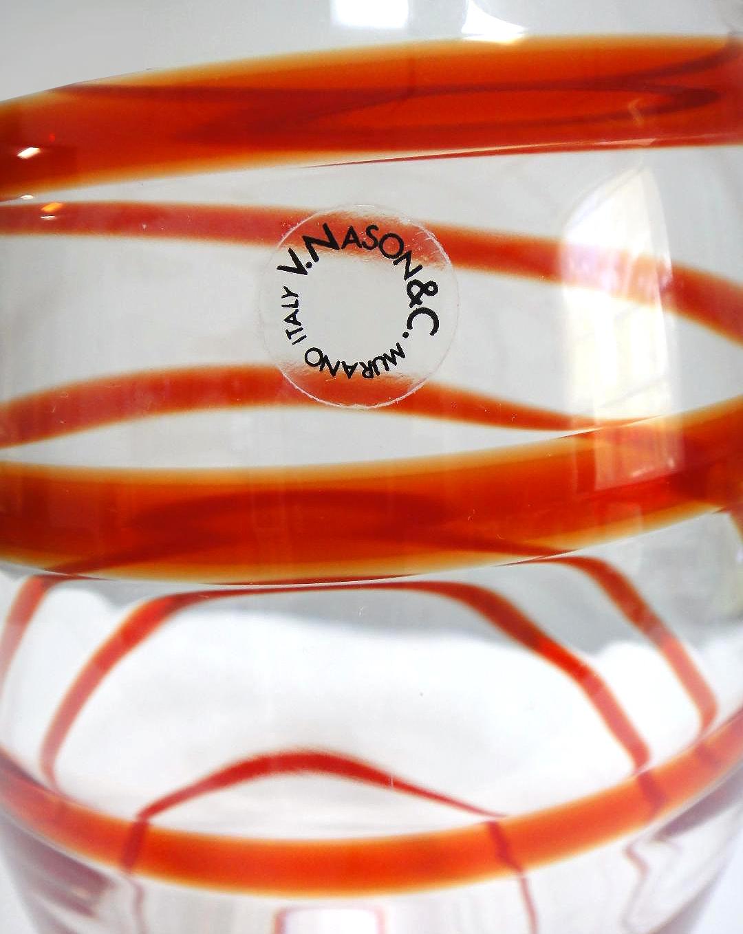 V. Nasson & C. Murano Art Glass Vase with Red Spiral Stripes

Offered for sale is a swirled Italian art glass vase by V. Nasson & C.  Vincenzo Nason established his glassworks, Vincenzo Nason & Cie (VNC) on the island of Murano, Venice, Italy in