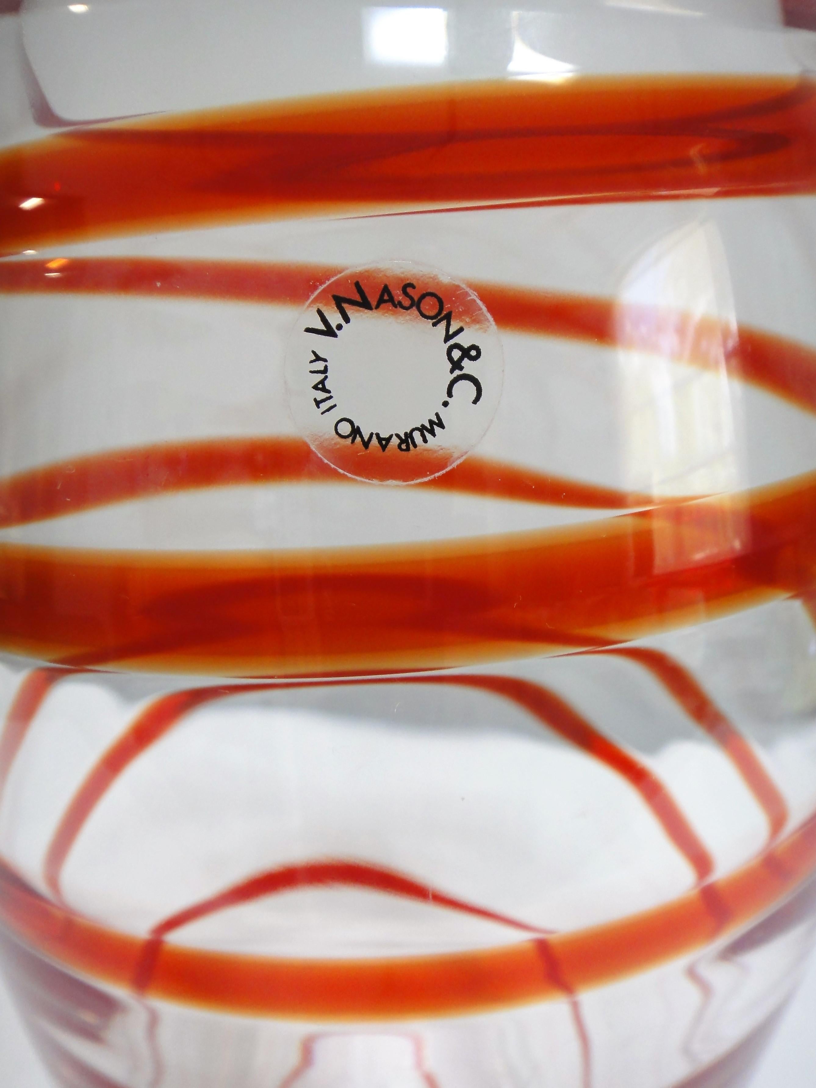 Modern V. Nasson & C. Murano Art Glass Vase with Red Spiral Stripes