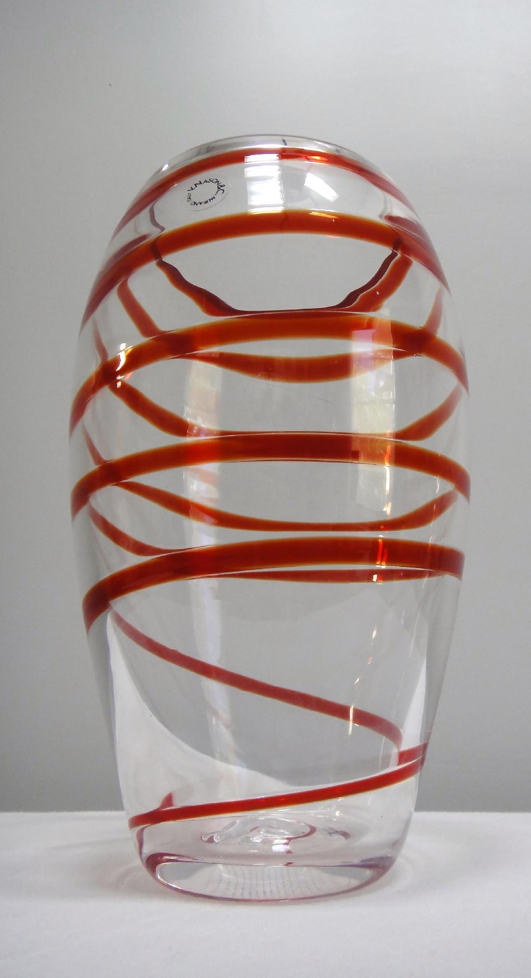 Italian V. Nasson & C. Murano Art Glass Vase with Red Spiral Stripes