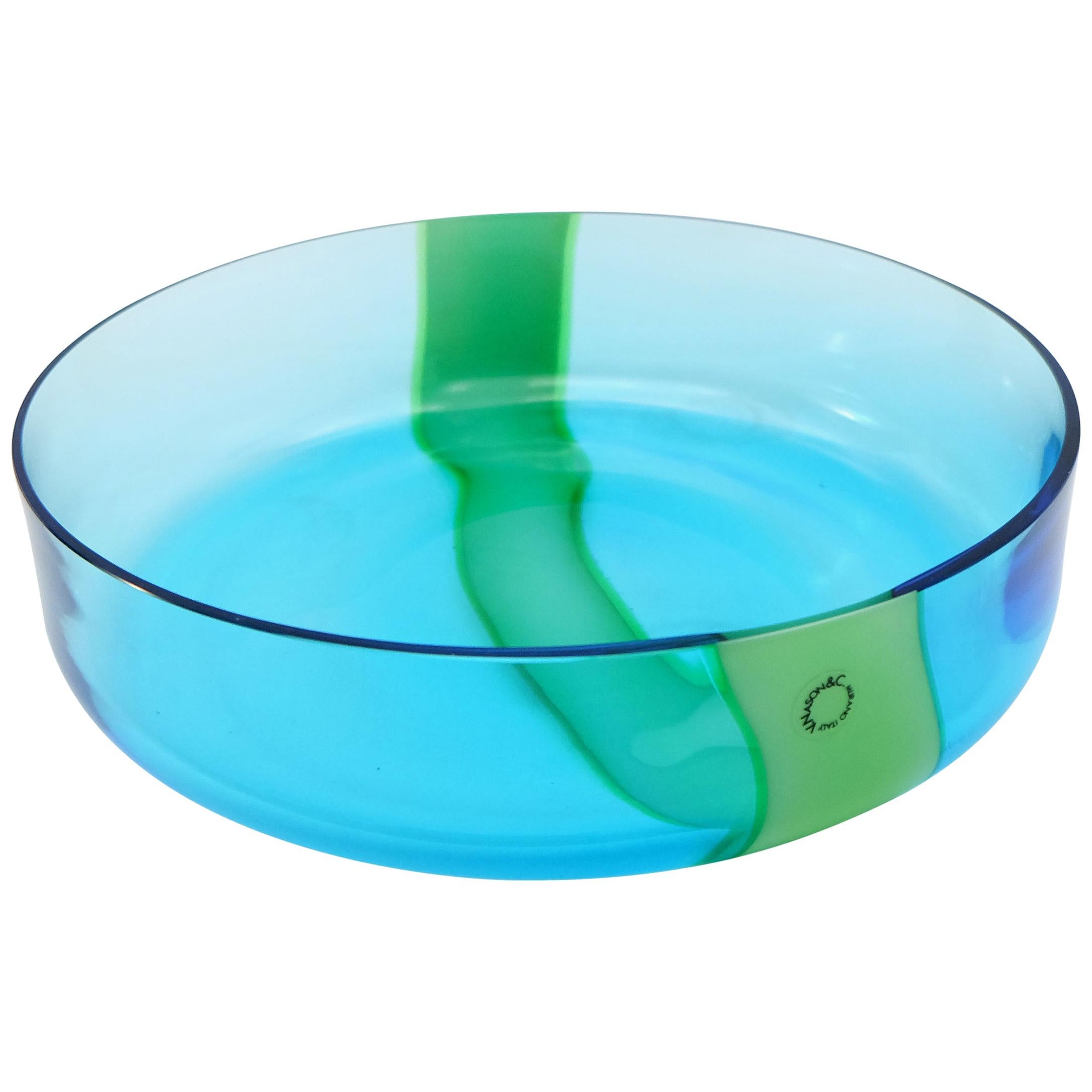 V. Nasson & Co. Vintage Hand Blown Murano Glass Bowl Blue and Green For Sale