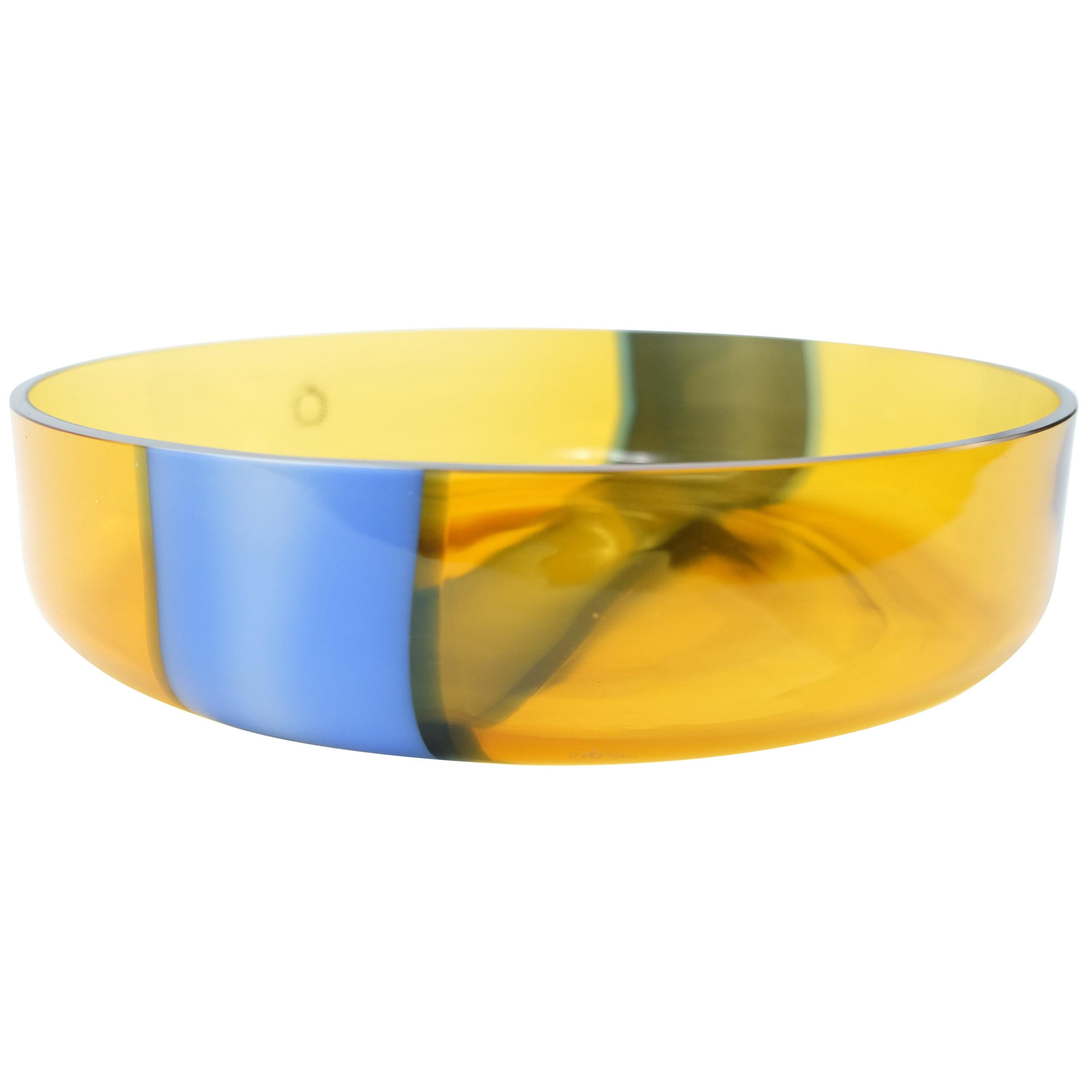V. Nasson & Co. Vintage Hand Blown Murano Glass Bowl Yellow and Blue For Sale