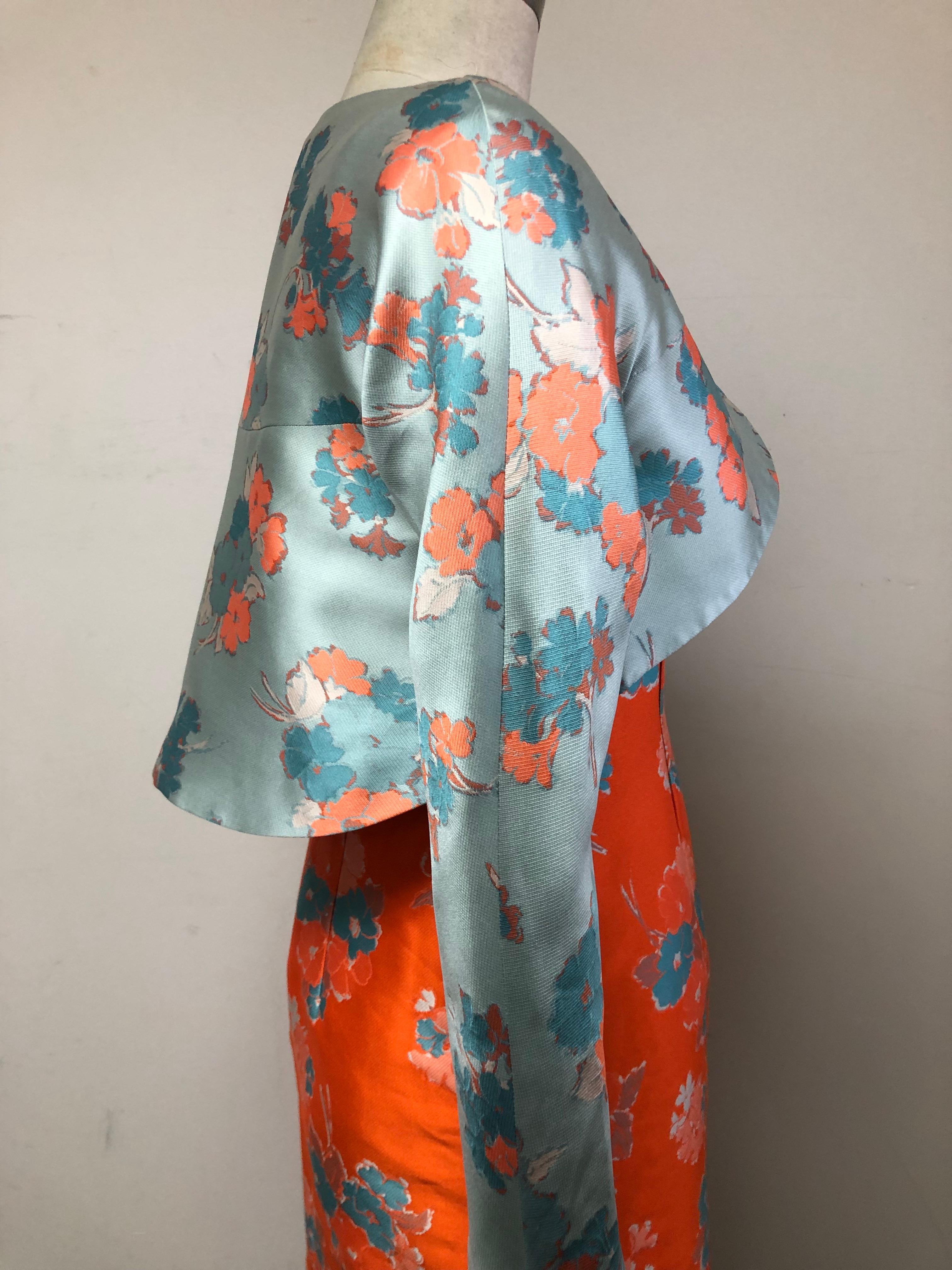 V Neck Slim Dress and Jacket in Delightful Orange and Blue Floral Print  For Sale 7