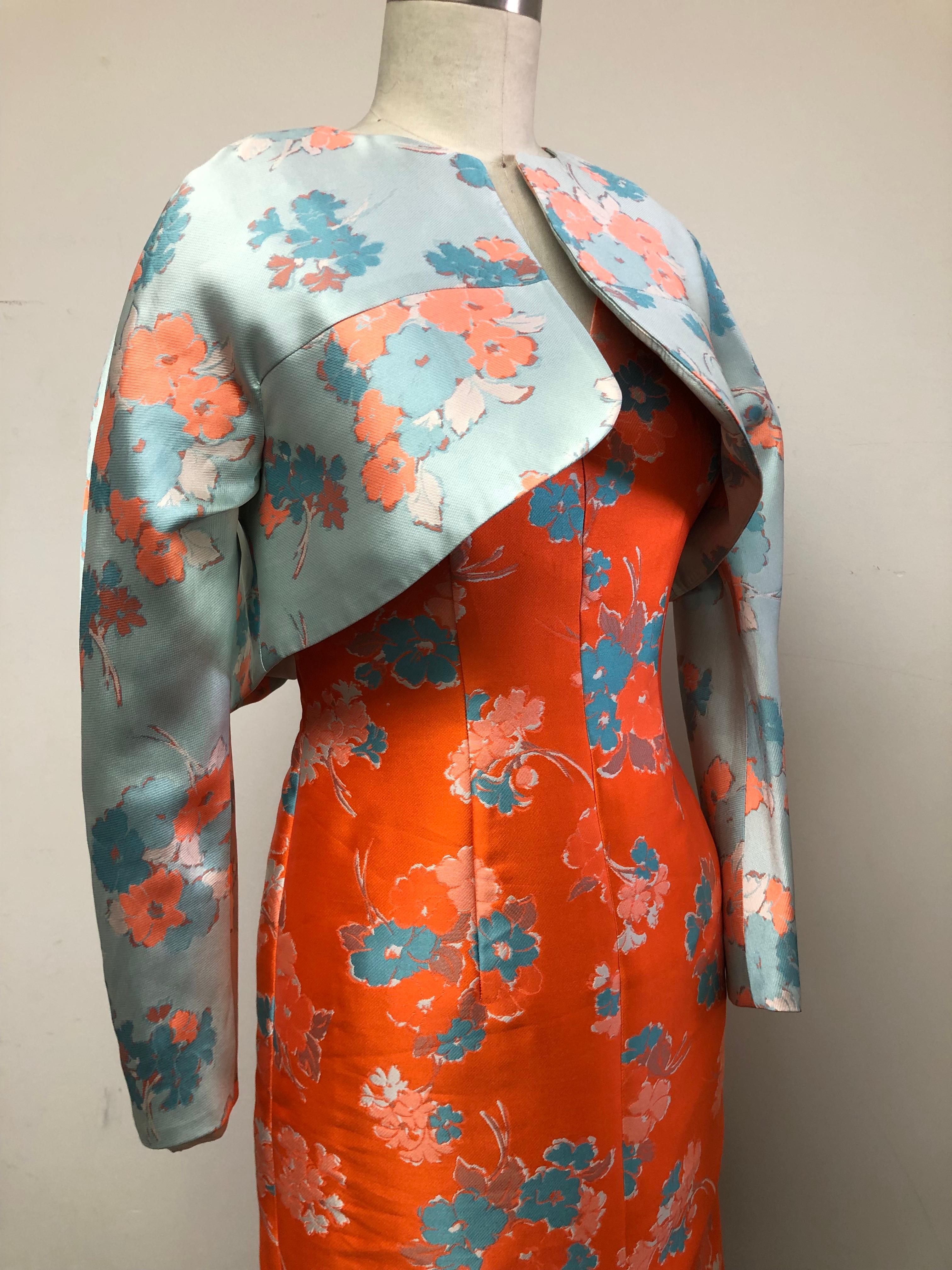 V Neck Slim Dress and Jacket in Delightful Orange and Blue Floral Print  For Sale 8
