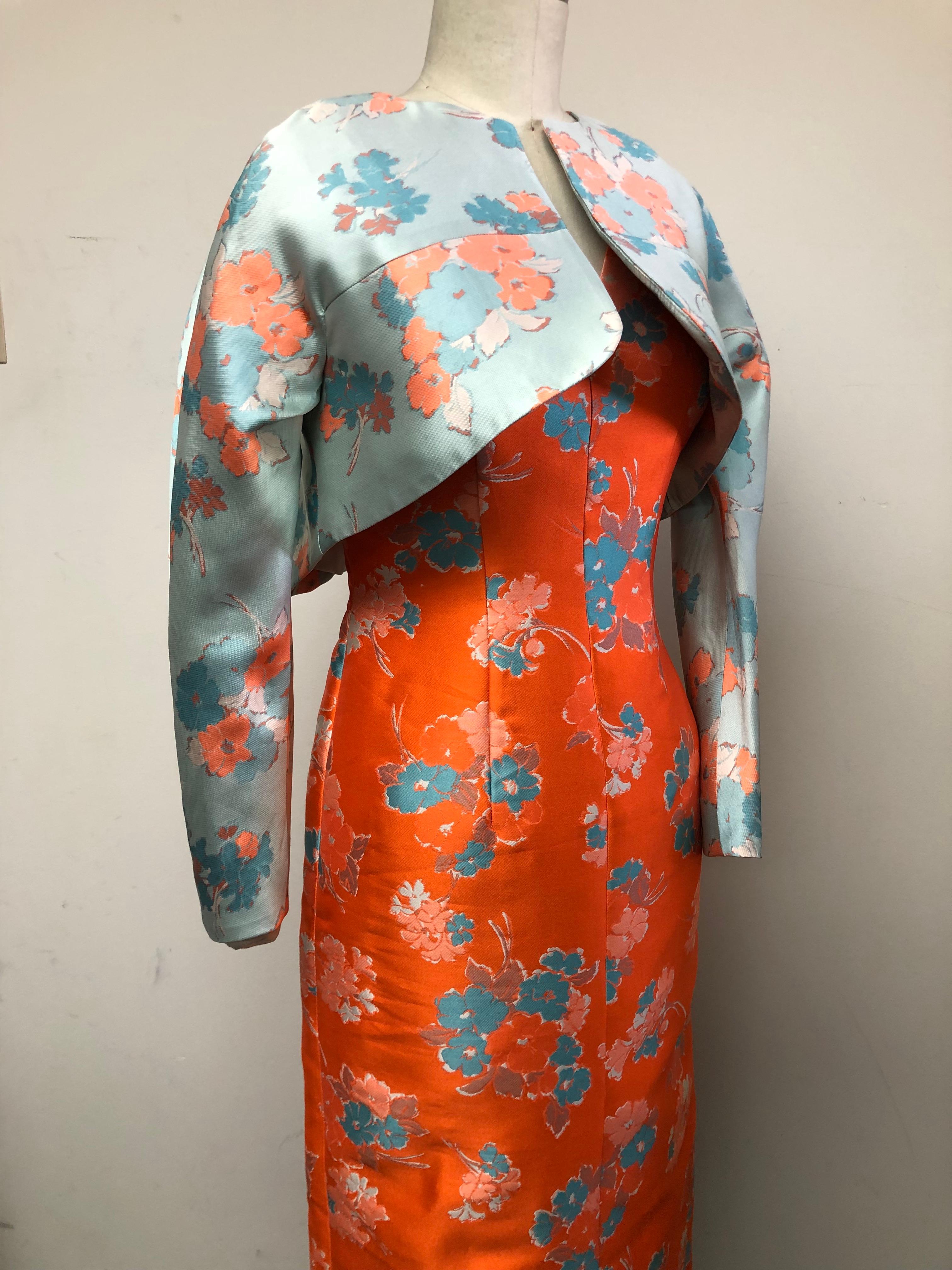 V Neck Slim Dress and Jacket in Delightful Orange and Blue Floral Print  For Sale 9