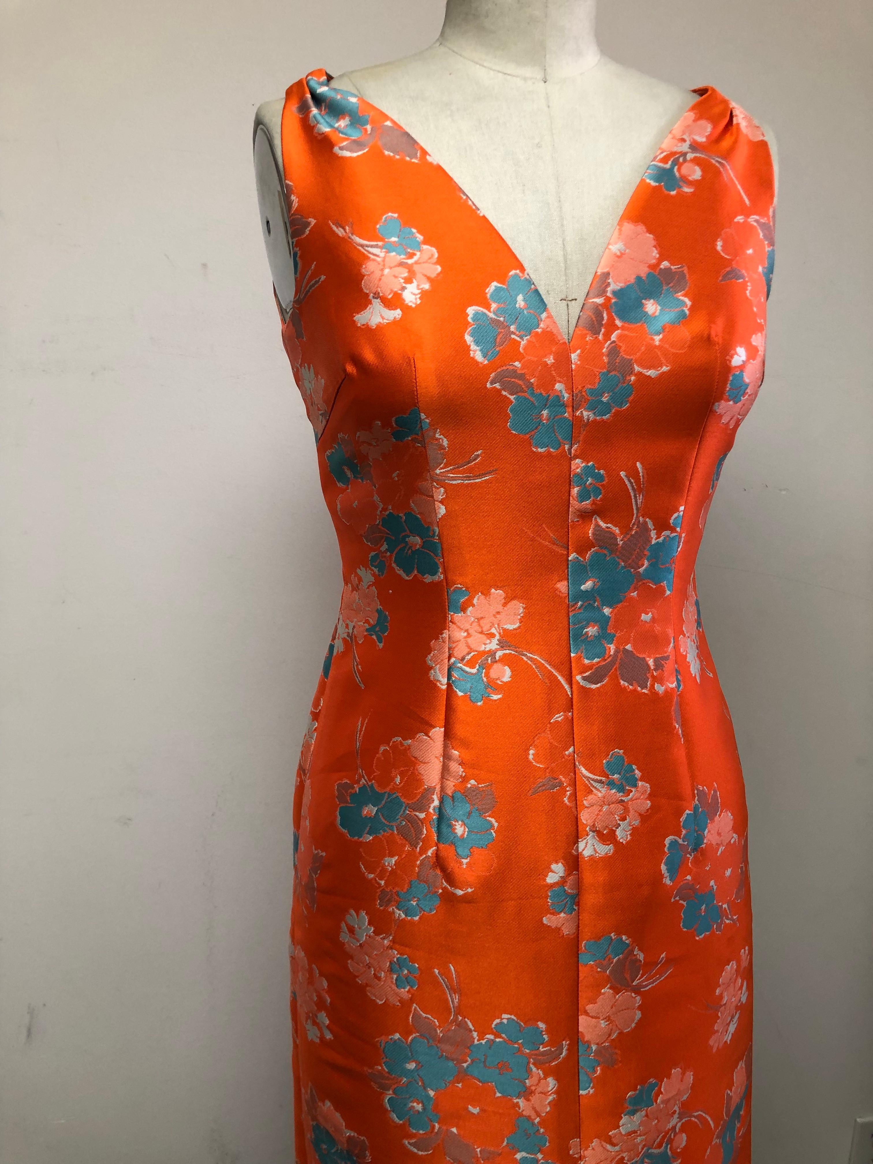 Women's V Neck Slim Dress and Jacket in Delightful Orange and Blue Floral Print  For Sale