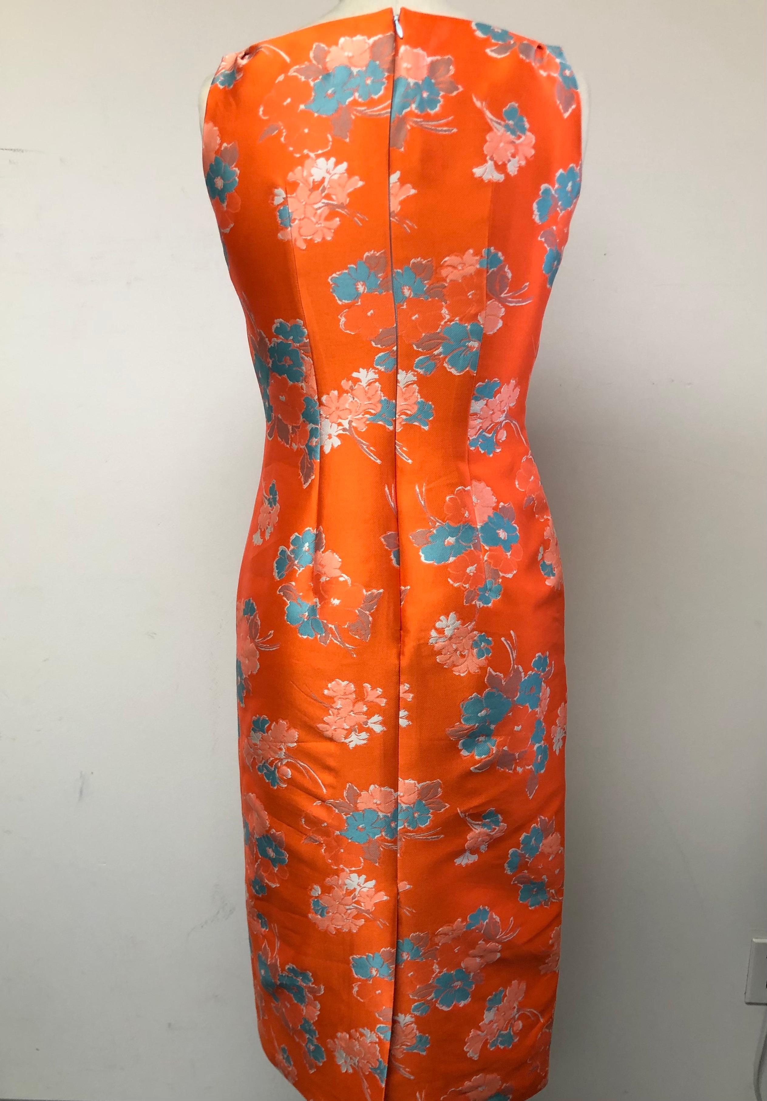 V Neck Slim Dress and Jacket in Delightful Orange and Blue Floral Print  For Sale 1