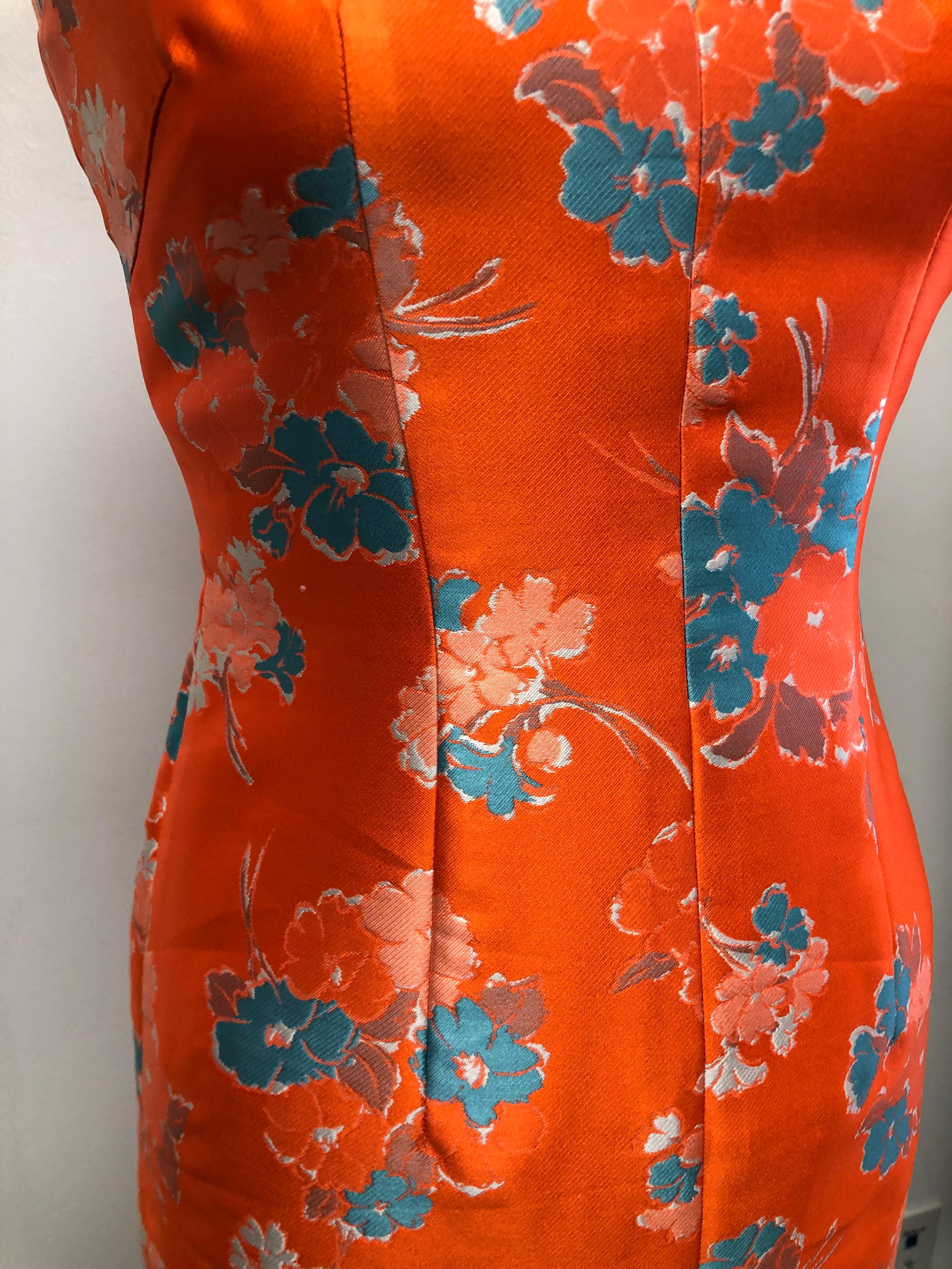 V Neck Slim Dress and Jacket in Delightful Orange and Blue Floral Print  For Sale 2