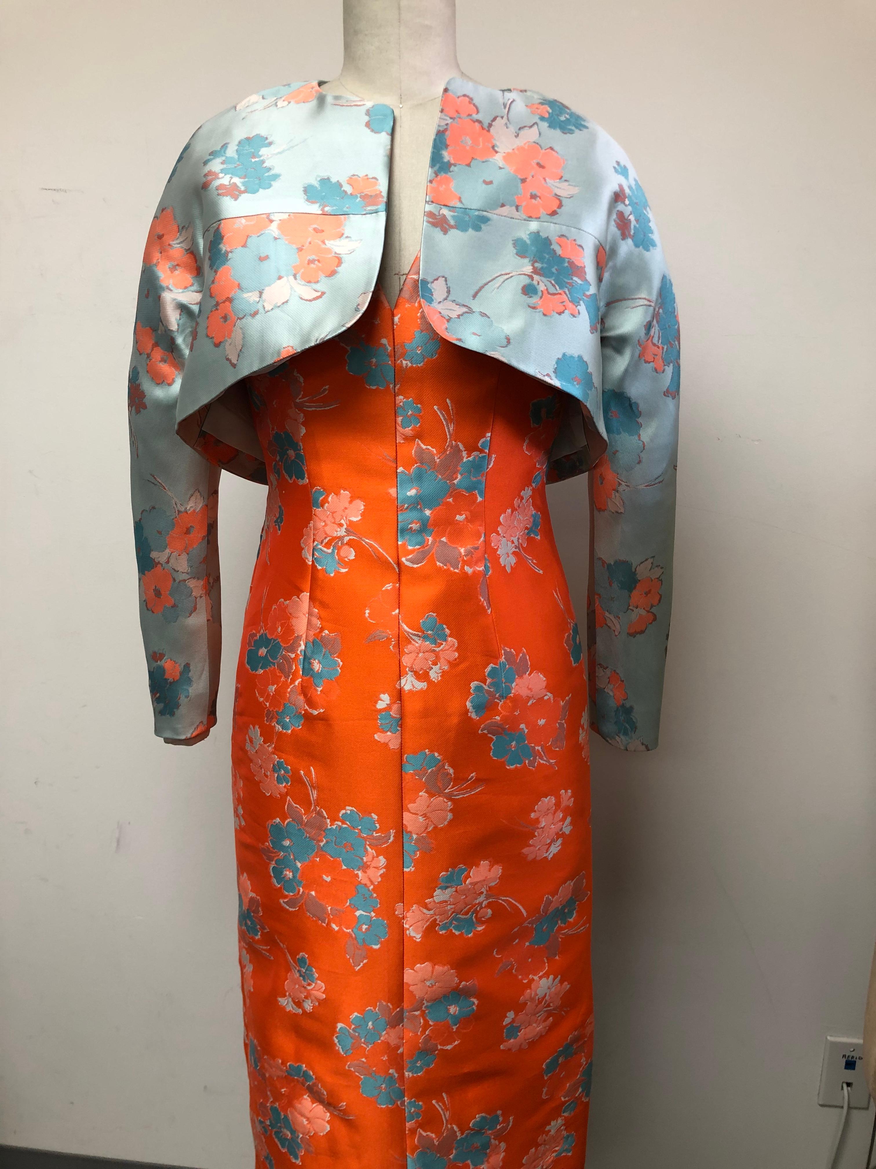 V Neck Slim Dress and Jacket in Delightful Orange and Blue Floral Print  For Sale 3