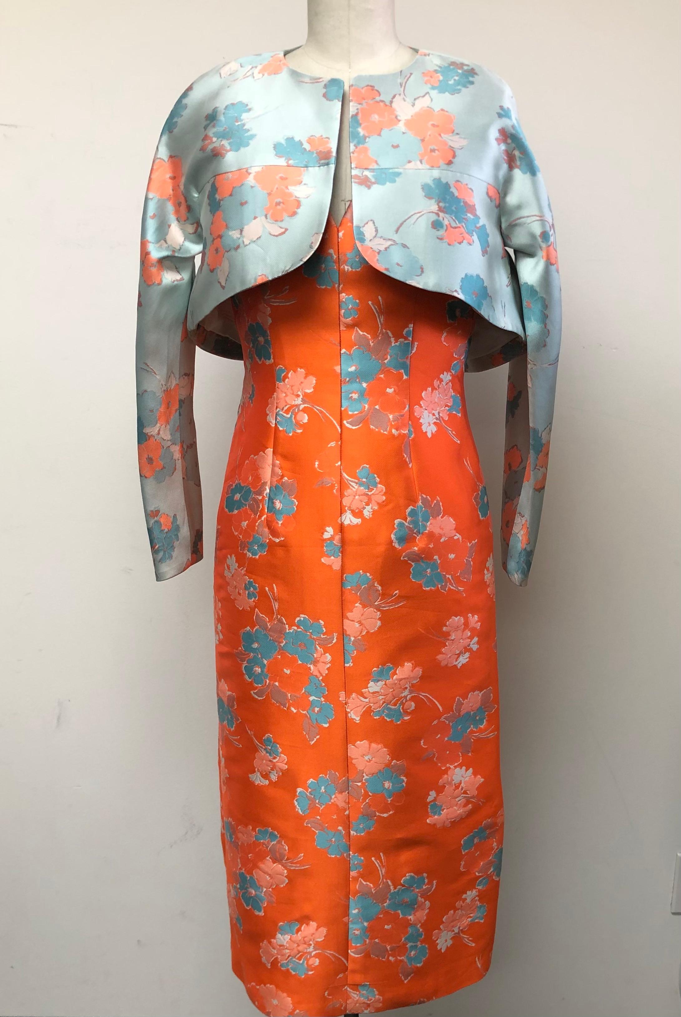 V Neck Slim Dress and Jacket in Delightful Orange and Blue Floral Print  For Sale 4