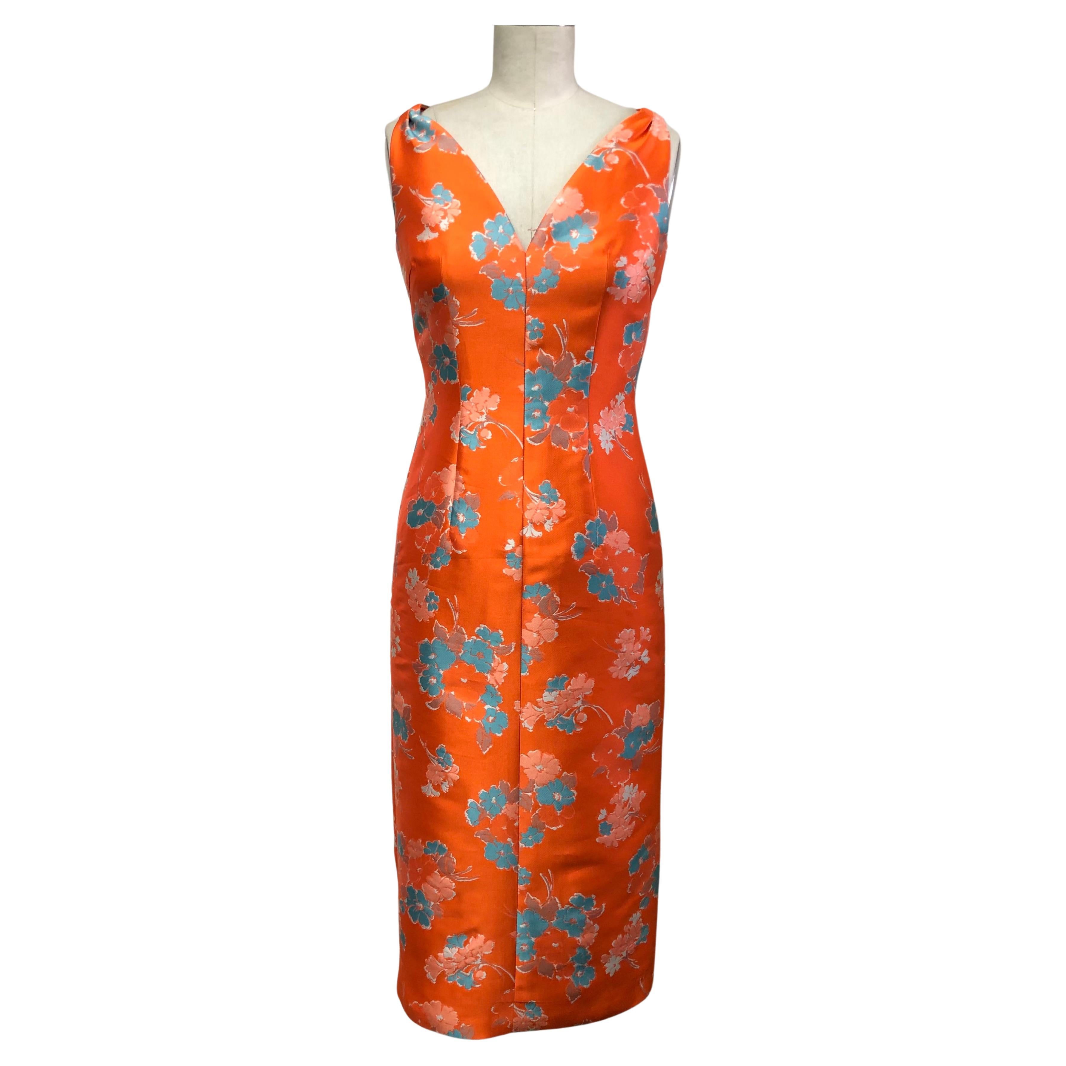 V Neck Slim Dress and Jacket in Delightful Orange and Blue Floral Print  For Sale