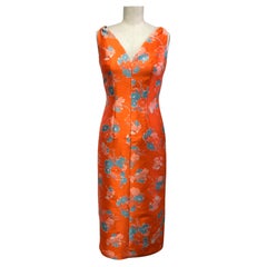 V Neck Slim Dress and Jacket in Delightful Orange and Blue Floral Print 