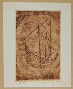 Ex-Libris - Boat and Fish - Etching by V. Pyle - 1954