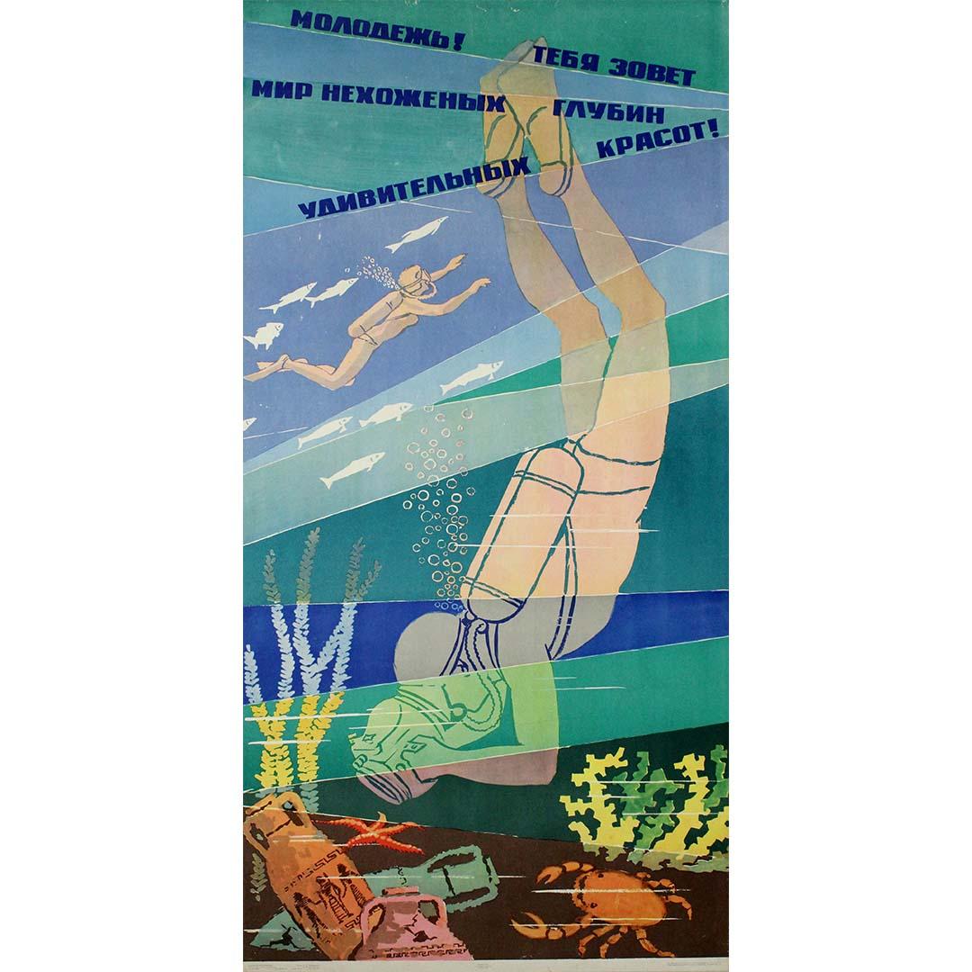 The 1966 original Soviet poster by V. Pysarevsky, promoting underwater exploration, is a vibrant and compelling artifact from the mid-20th century. Its bold and colorful design reflects the Soviet Union's fascination with science, exploration, and