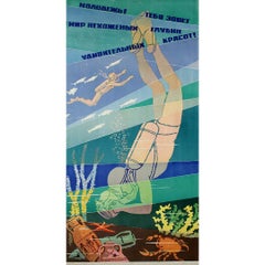 Affiche soviétique originale de 1966 de V. Pysarevsky, promouvant l'exploration sous-marine