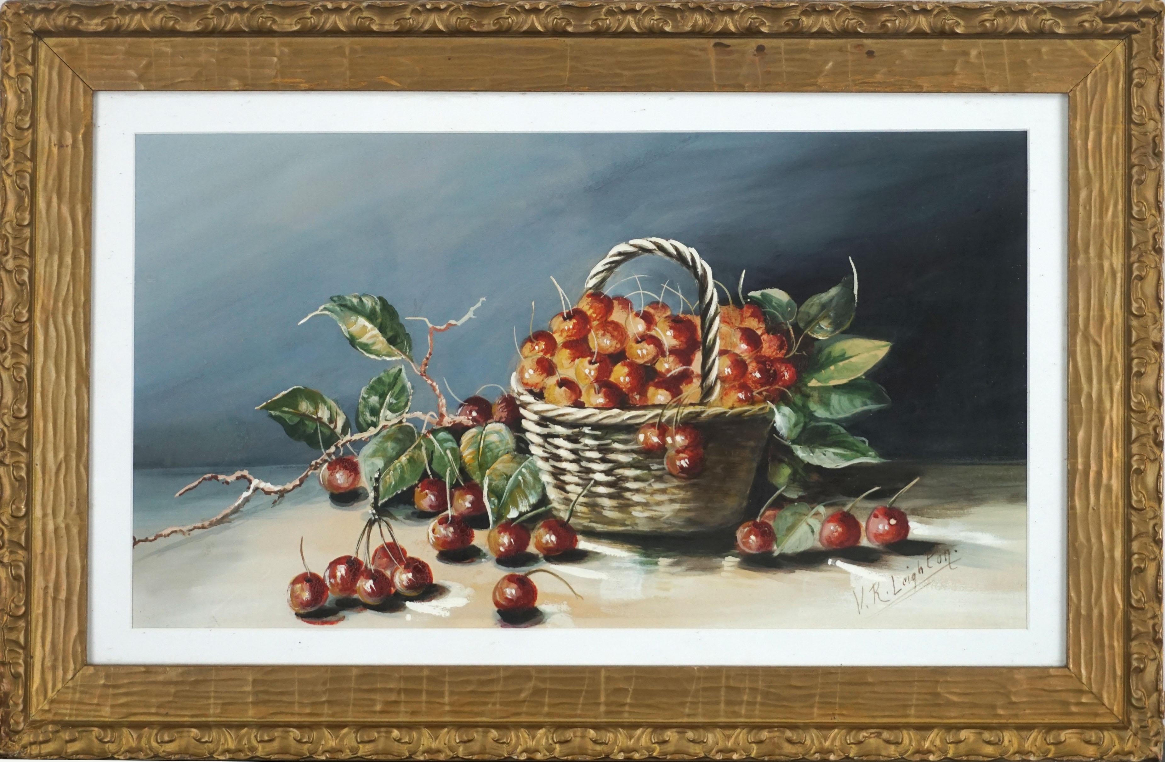 V. R. Leighton Still-Life Painting - Mid Century Watercolor Still Life -- "A Basket of Cherries"