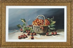 Nature morte aquarelle du milieu du siècle -- ""Un panier de cerises"".