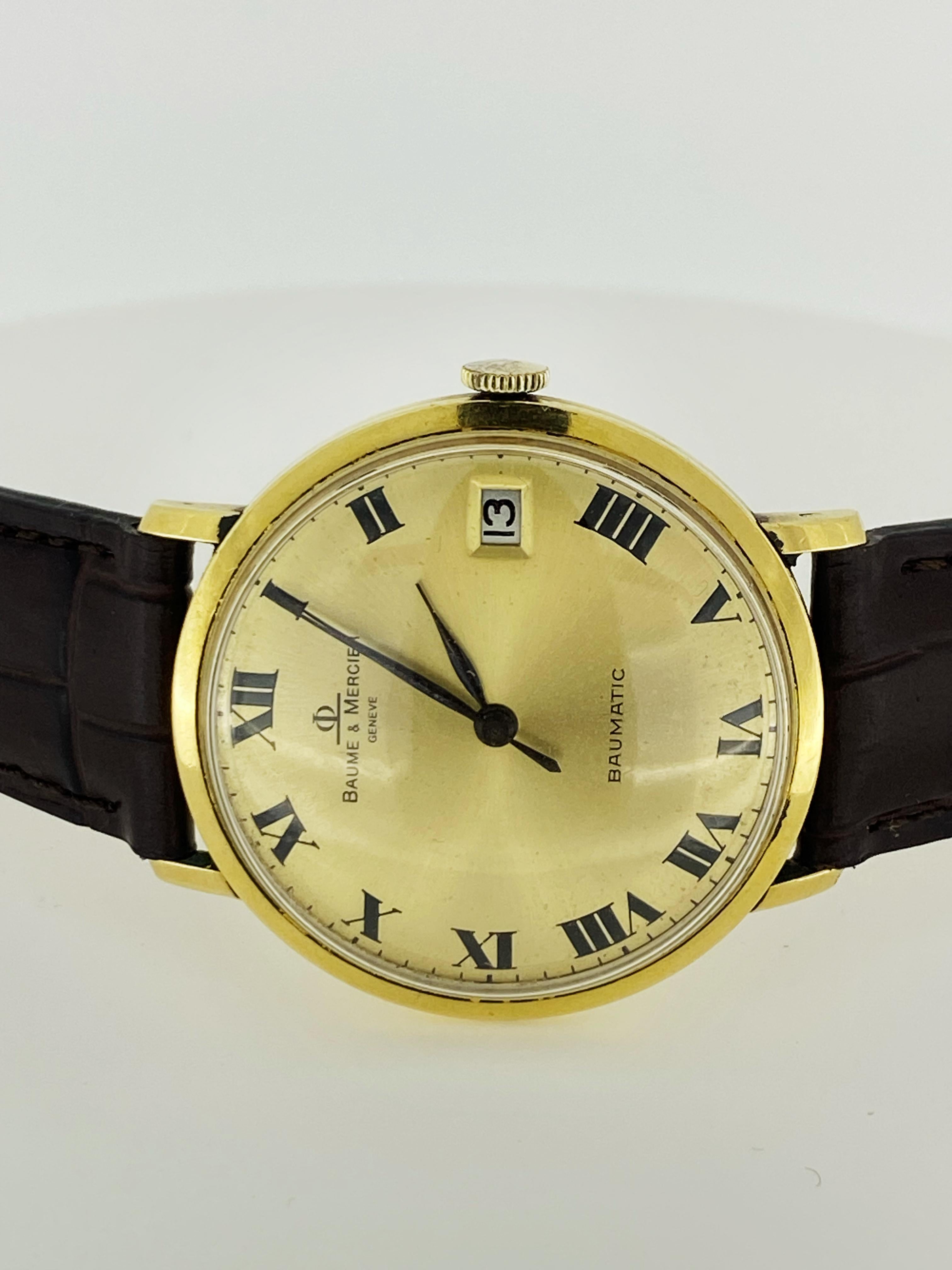 V Rare 18K Gold Baume & Mercier Geneve Baumatic 30 jewels ref 35048 Watch w Date For Sale 2