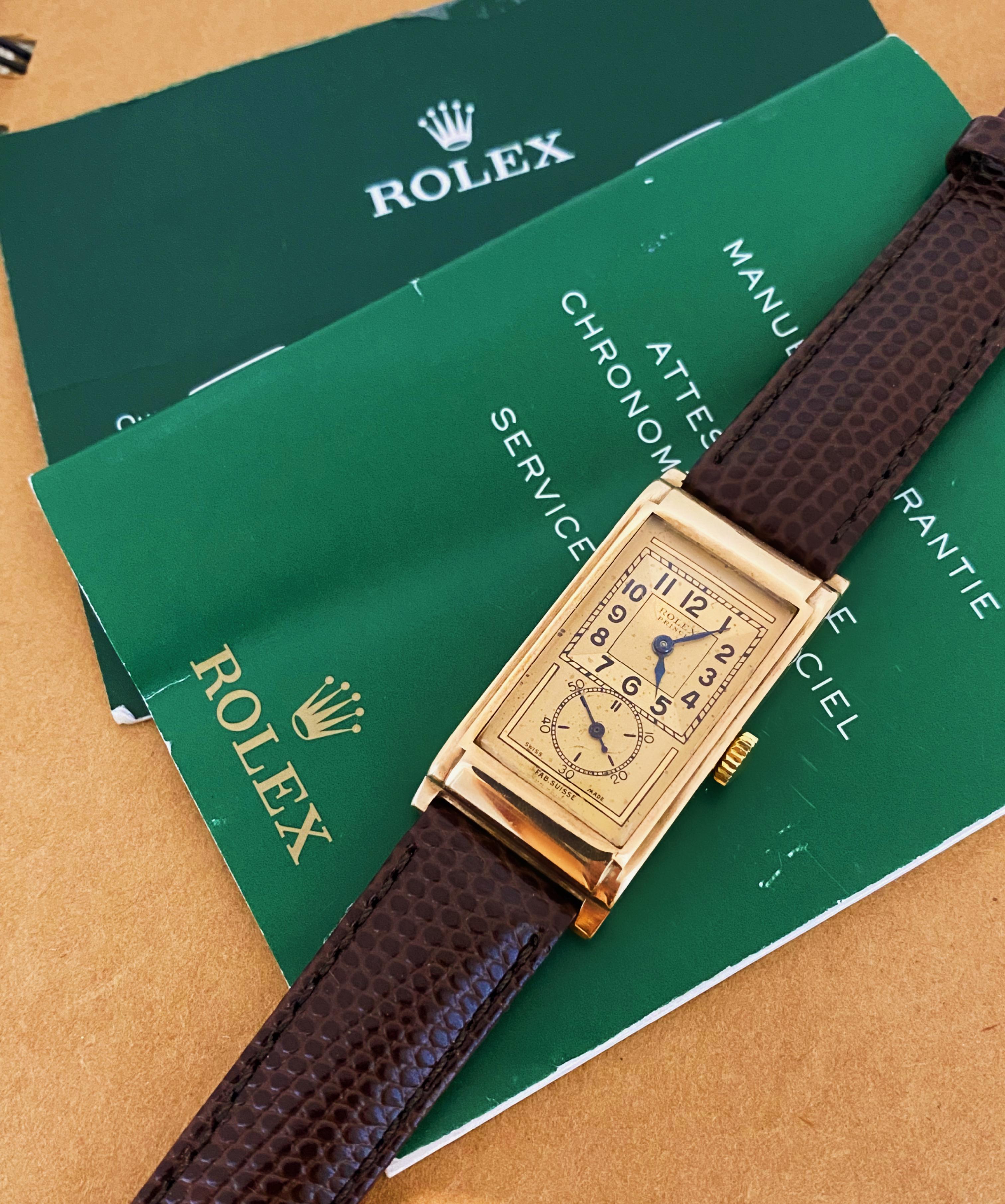 This extremely rare in such a fine condition, 
Art-Deco Rolex PRINCE wristwatch is dating back to circa 1939
 
Old magazine ads described this timepiece as
“a watch for men of distinction” and also “limited to a small number – 
such fine watches