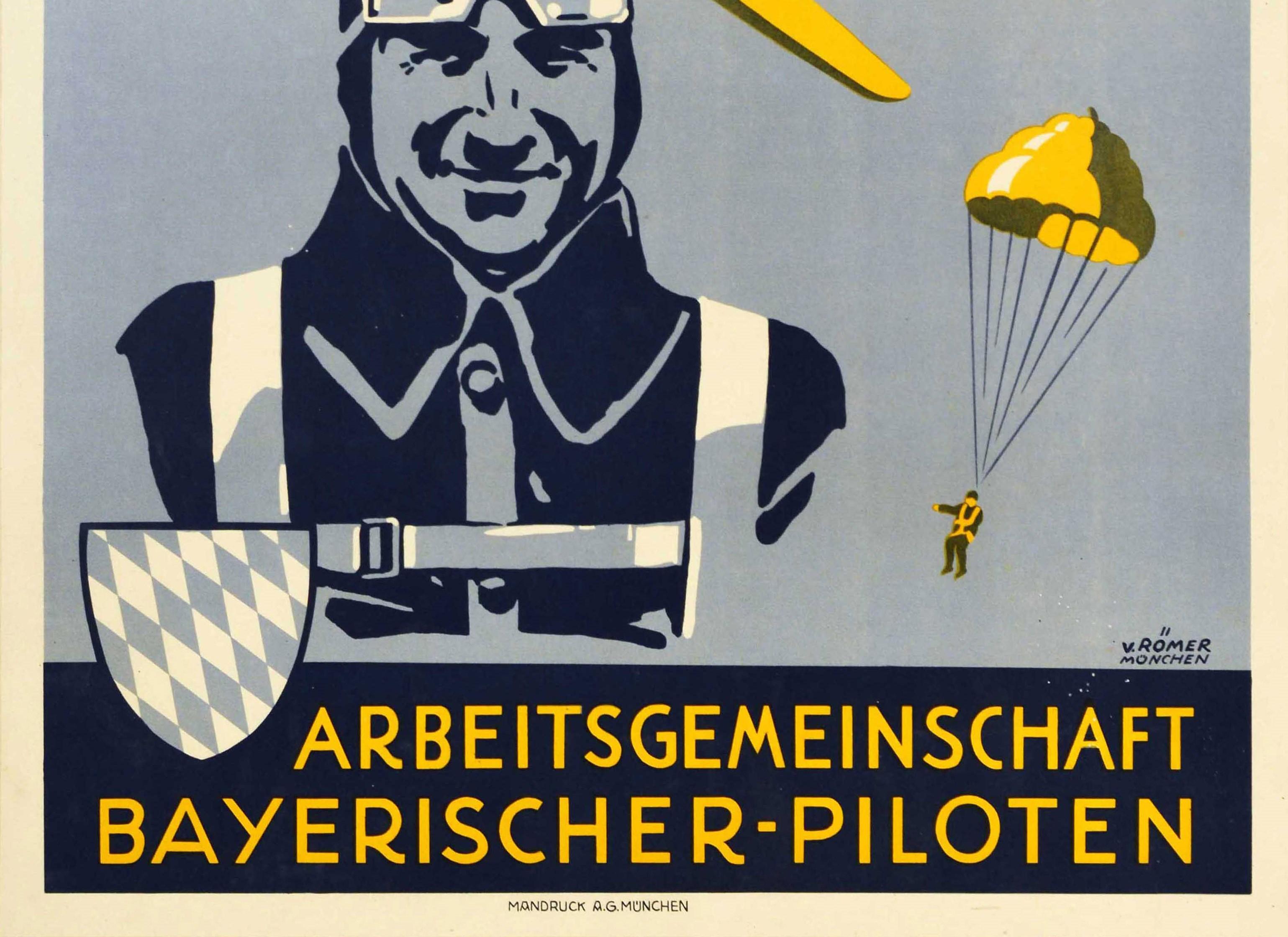 Affiche ancienne d'origine Flugtag Bavaria, Des pilotes d'un vol, Dessin d'une parachute - Art déco Print par V. Romer